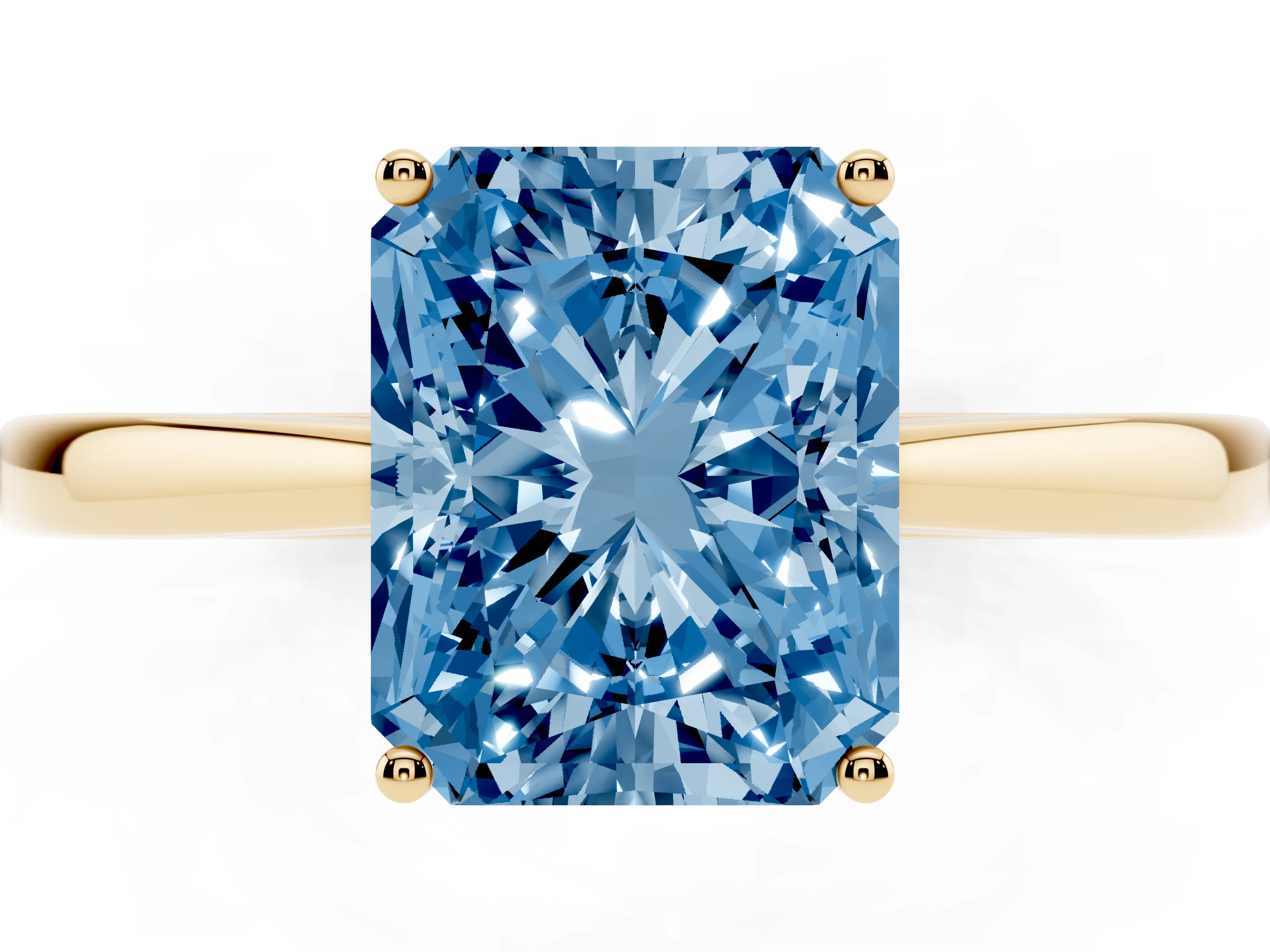 Fancy Blue Radiant Cut Diamond Solitaire Ring Set in Yellow gold with Split Shank and Prong Setting