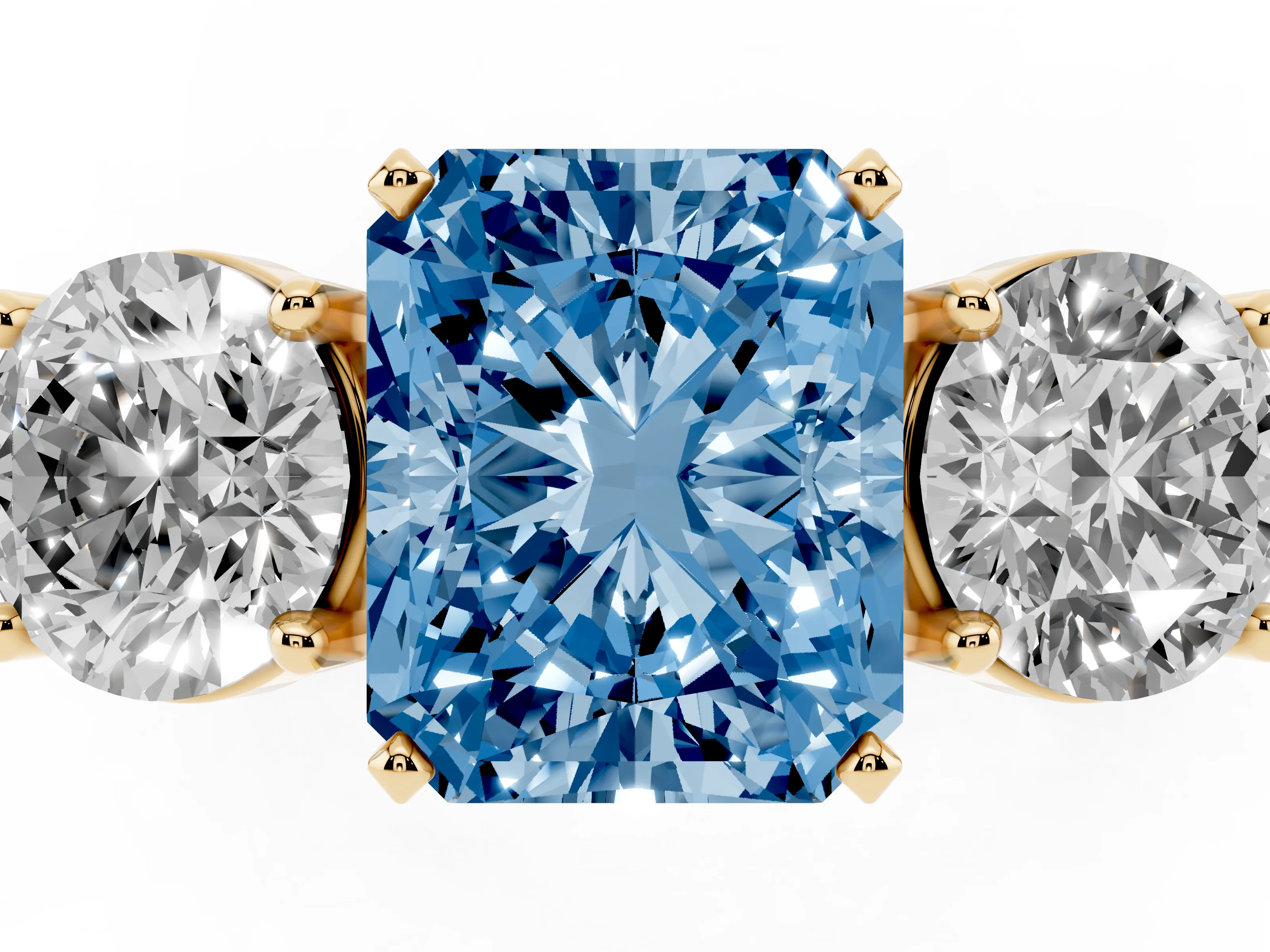 Fancy Blue Radiant Cut Diamond Three-Stone Ring Set in Yellow gold with Round Side Stones and Classic Band