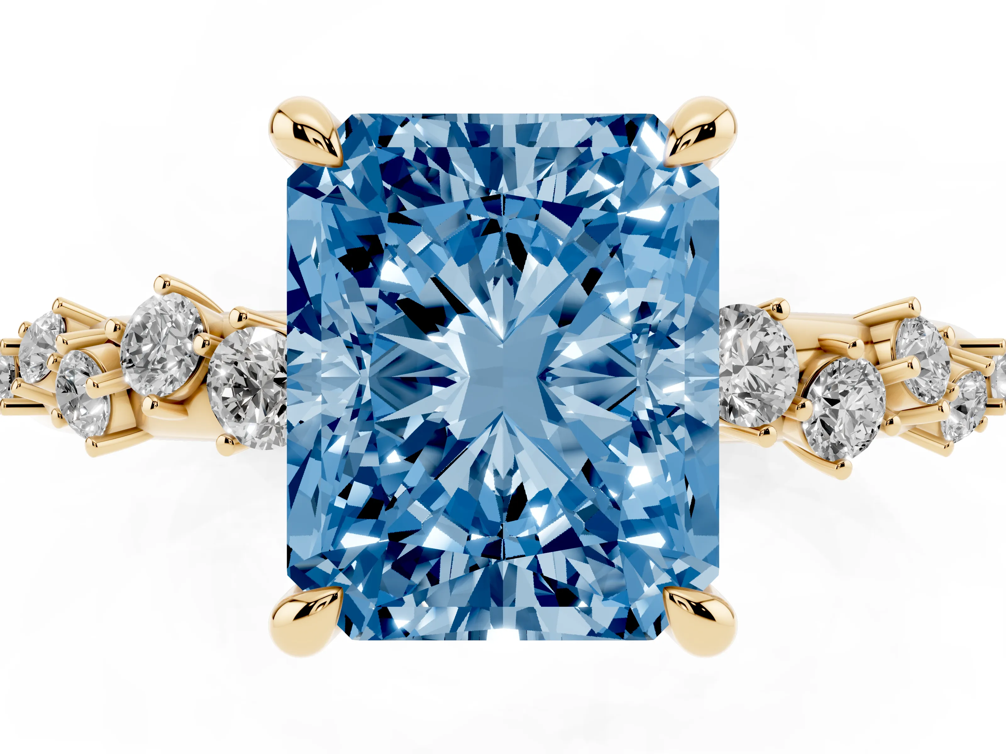 Fancy Blue Radiant Cut Diamond Solitaire Vine Band Ring Set in Yellow gold with Round Accents and Prong Setting