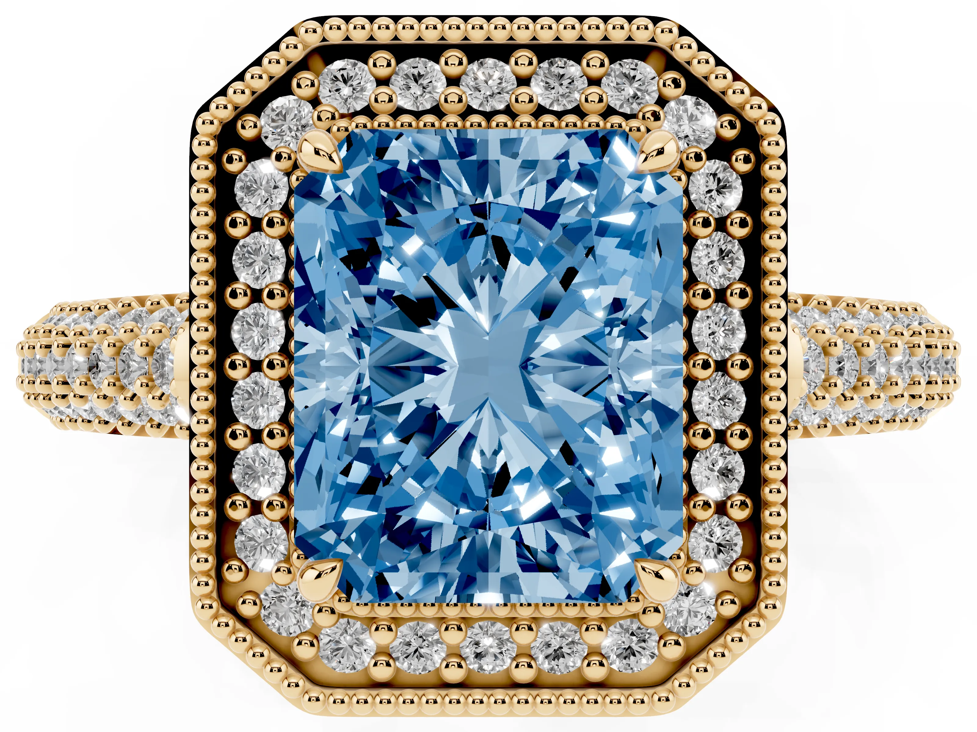 Fancy Blue Radiant Cut Diamond Halo Pavé Band Set in Yellow gold with Prong Setting