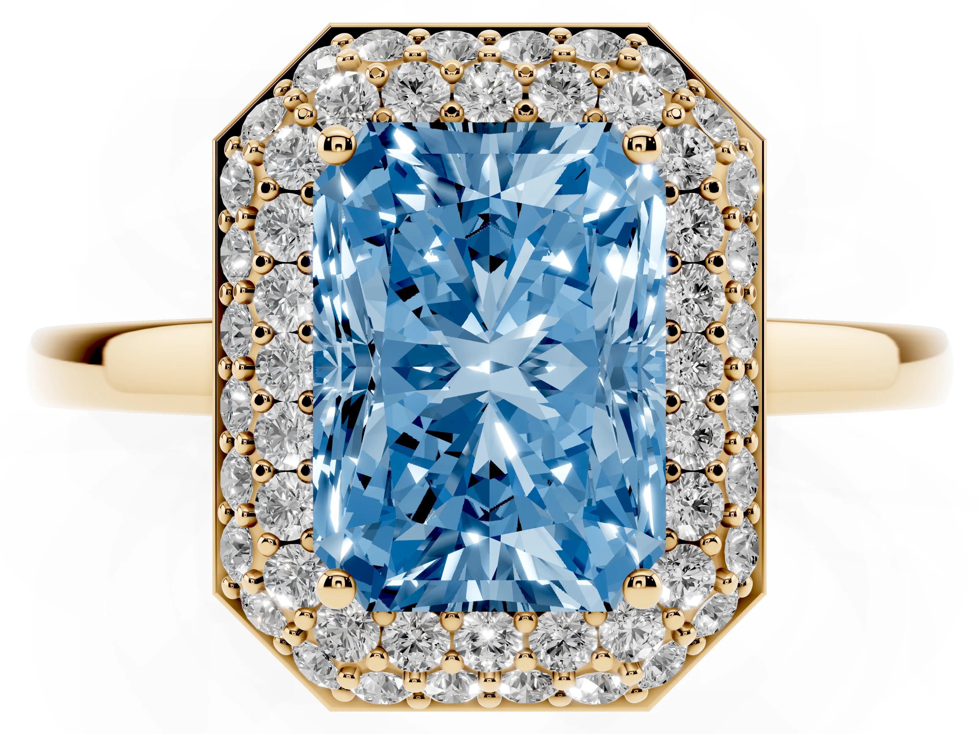 Fancy Blue Radiant Cut Diamond Halo Engagement Ring Set in Yellow gold with Solitaire Band and Prong Setting