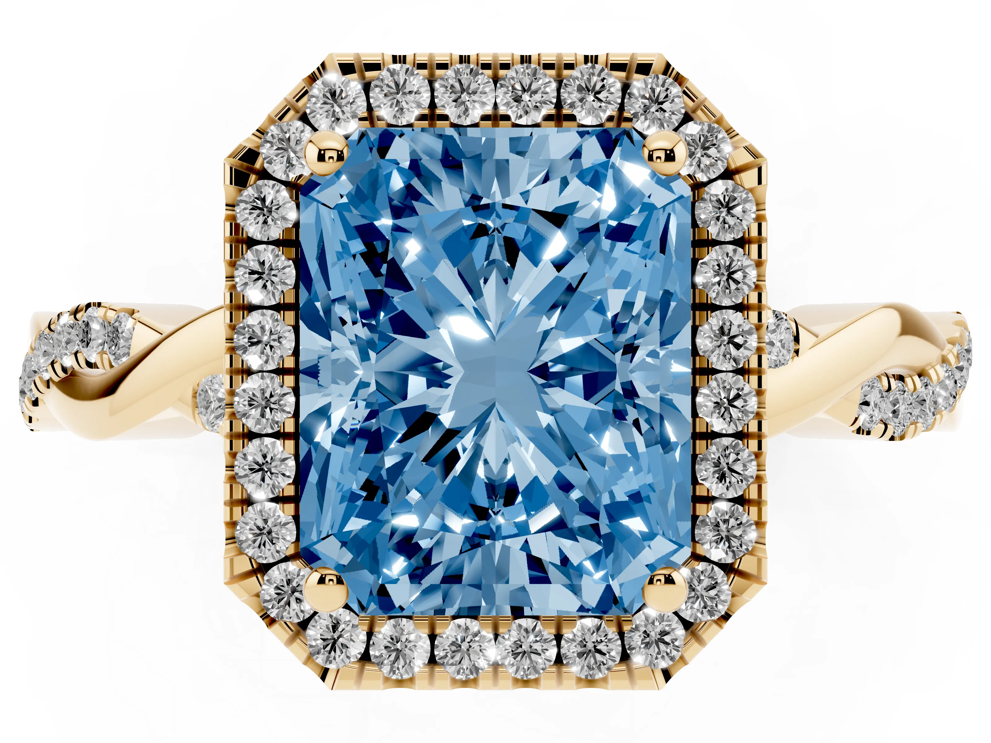 Fancy Blue Radiant Cut Diamond Halo Twisted Band Ring Set in Yellow gold with Prong Setting