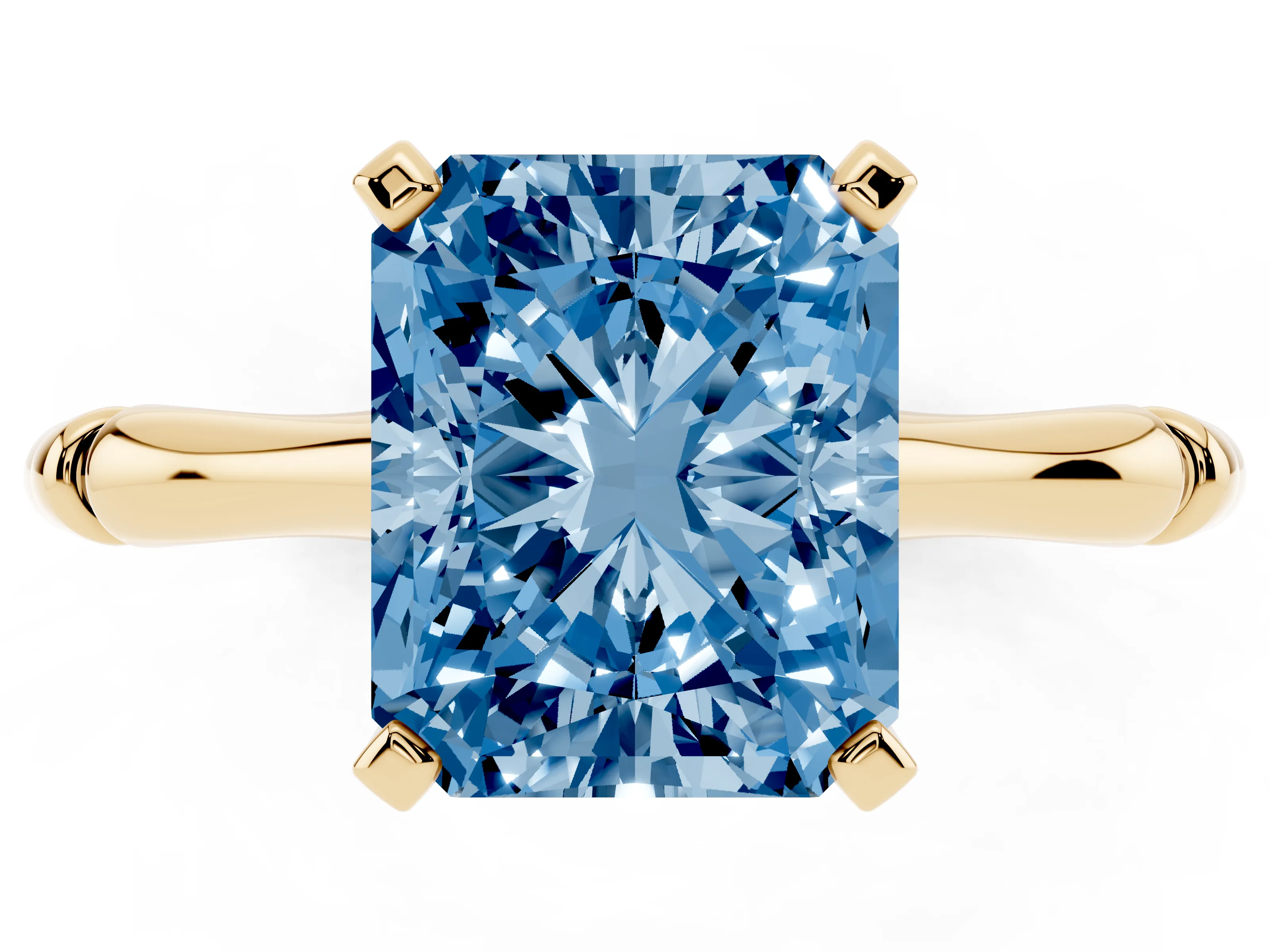 Fancy Blue Radiant Cut Diamond Solitaire Ring Set in Yellow gold with Bamboo Band and Prong Setting