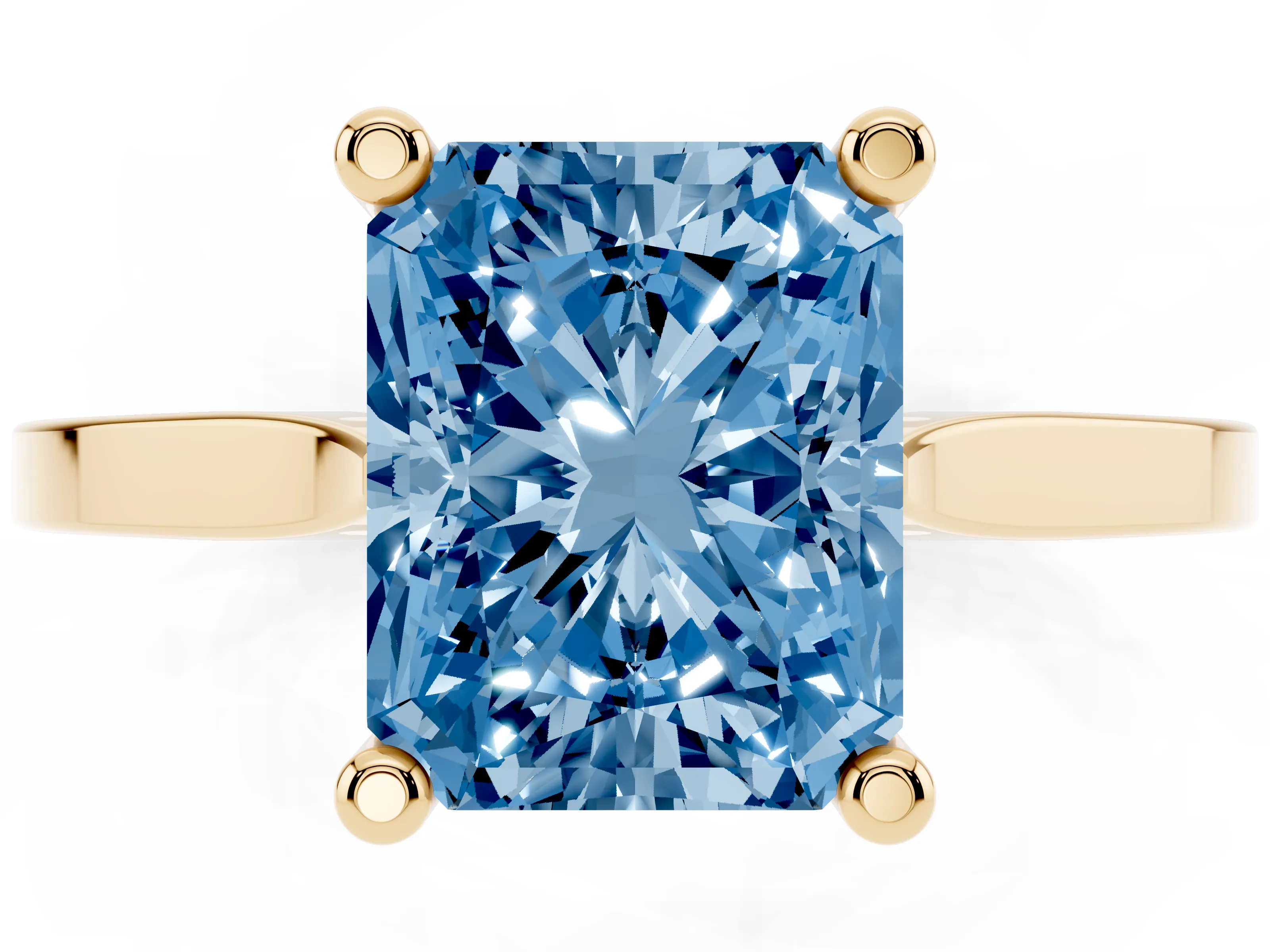 Fancy Blue Radiant Cut Diamond Solitaire Ring Set in Yellow gold with Prong Setting and Tapered Band