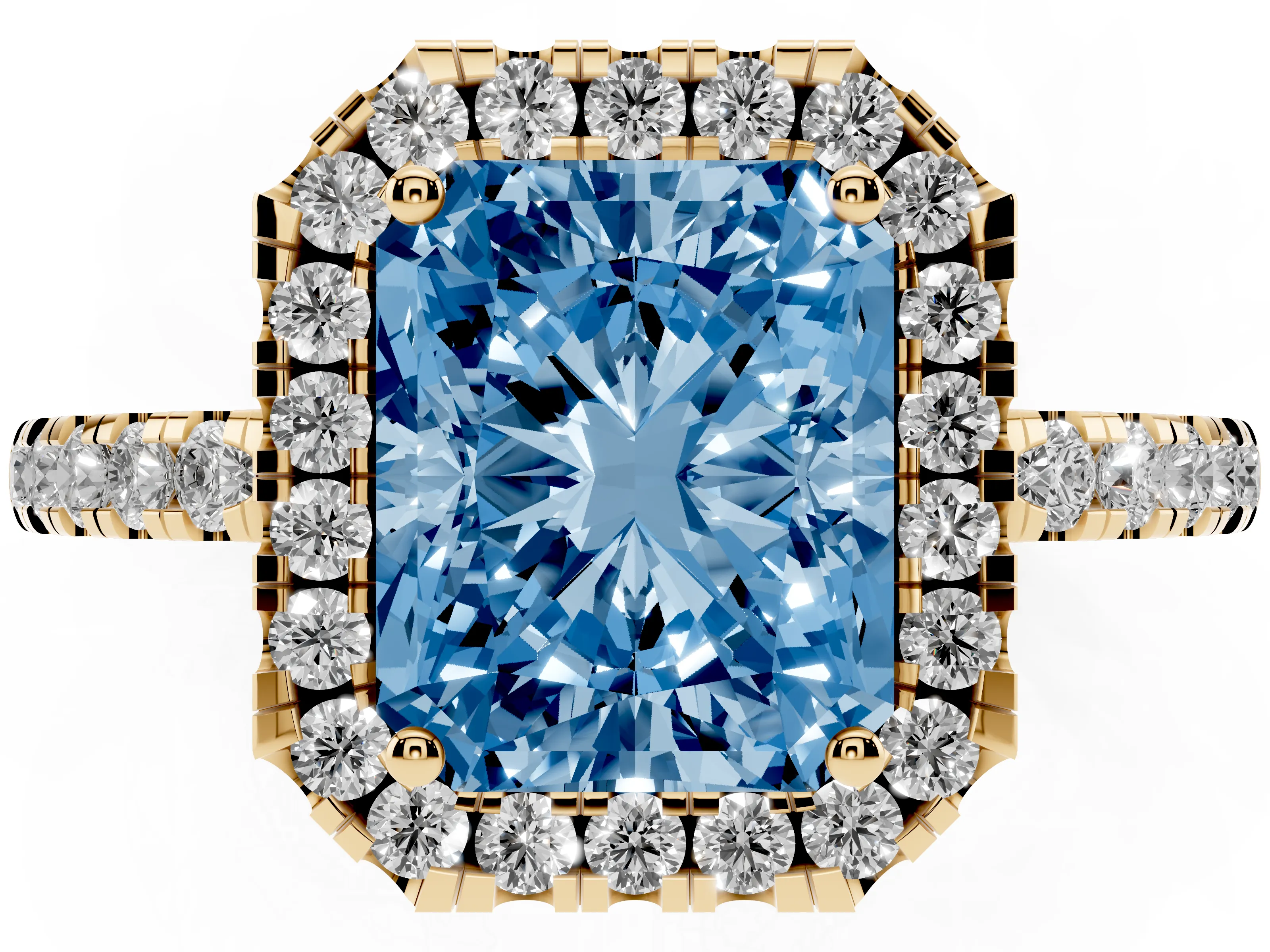 Fancy Blue Radiant Cut Diamond Pavé Band Halo Engagement Ring Set in Yellow gold with Prong Setting