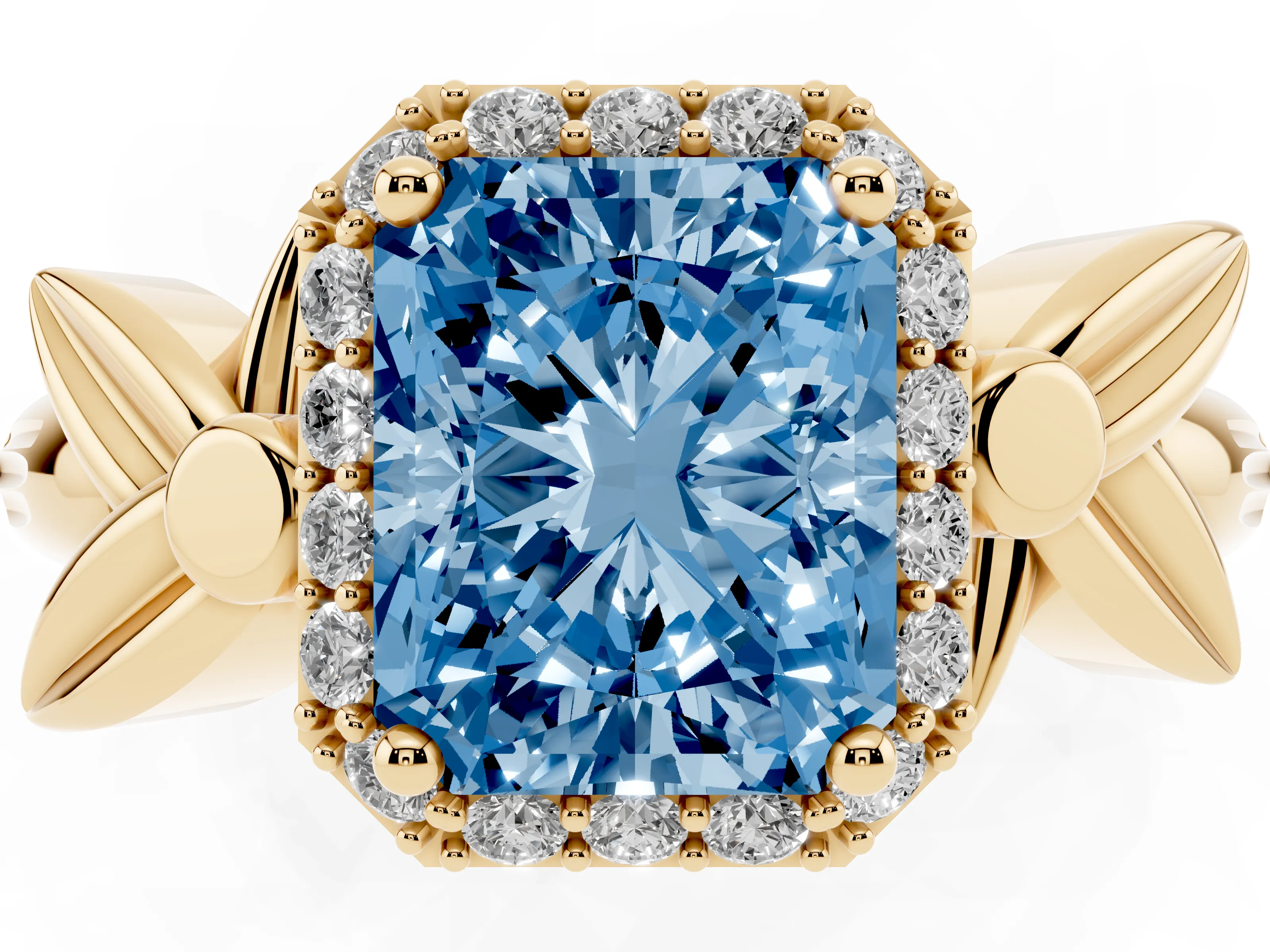 Fancy Blue Radiant Cut Diamond Halo Floral Band Ring Set in Yellow gold with Prong Setting