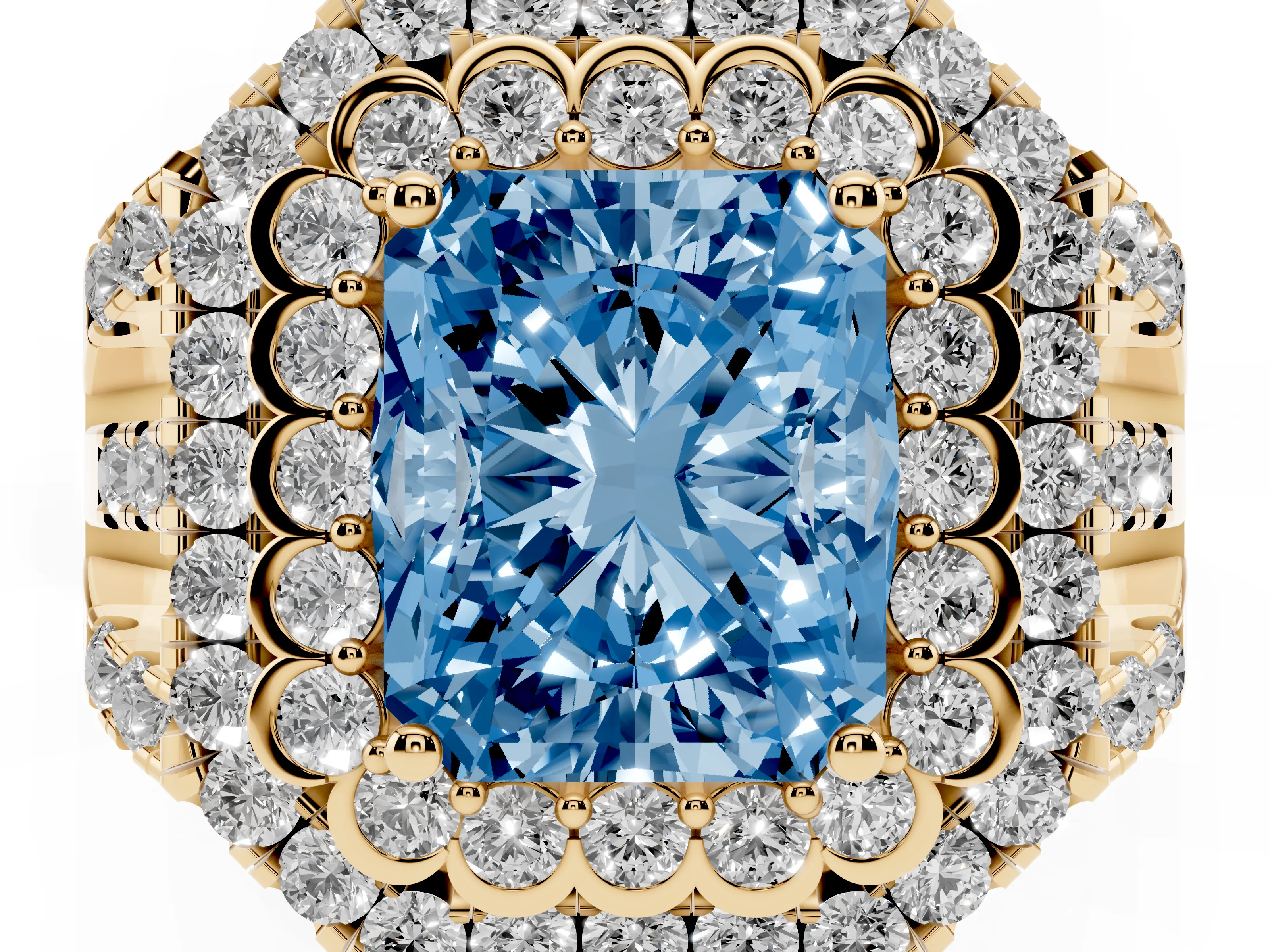Fancy Blue Radiant Cut Diamond Double Halo Ring Set in Yellow gold with Round Pavé Split Shank