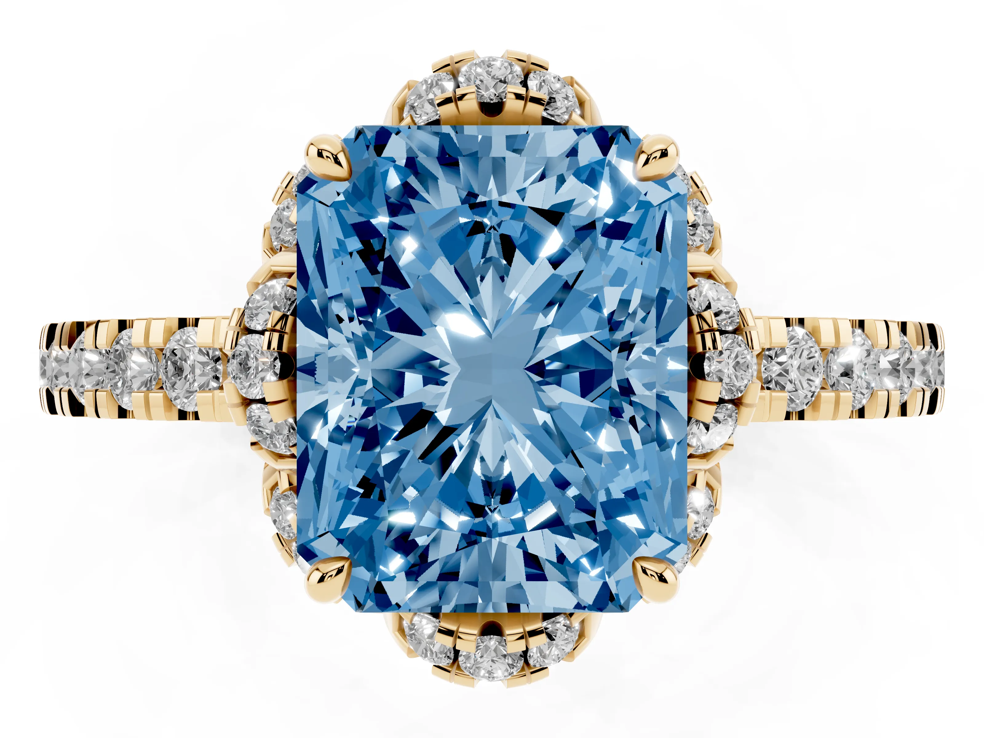 Fancy Blue Radiant Cut Diamond Halo Pavé Band Ring Set in Yellow gold with Prong-Held Center