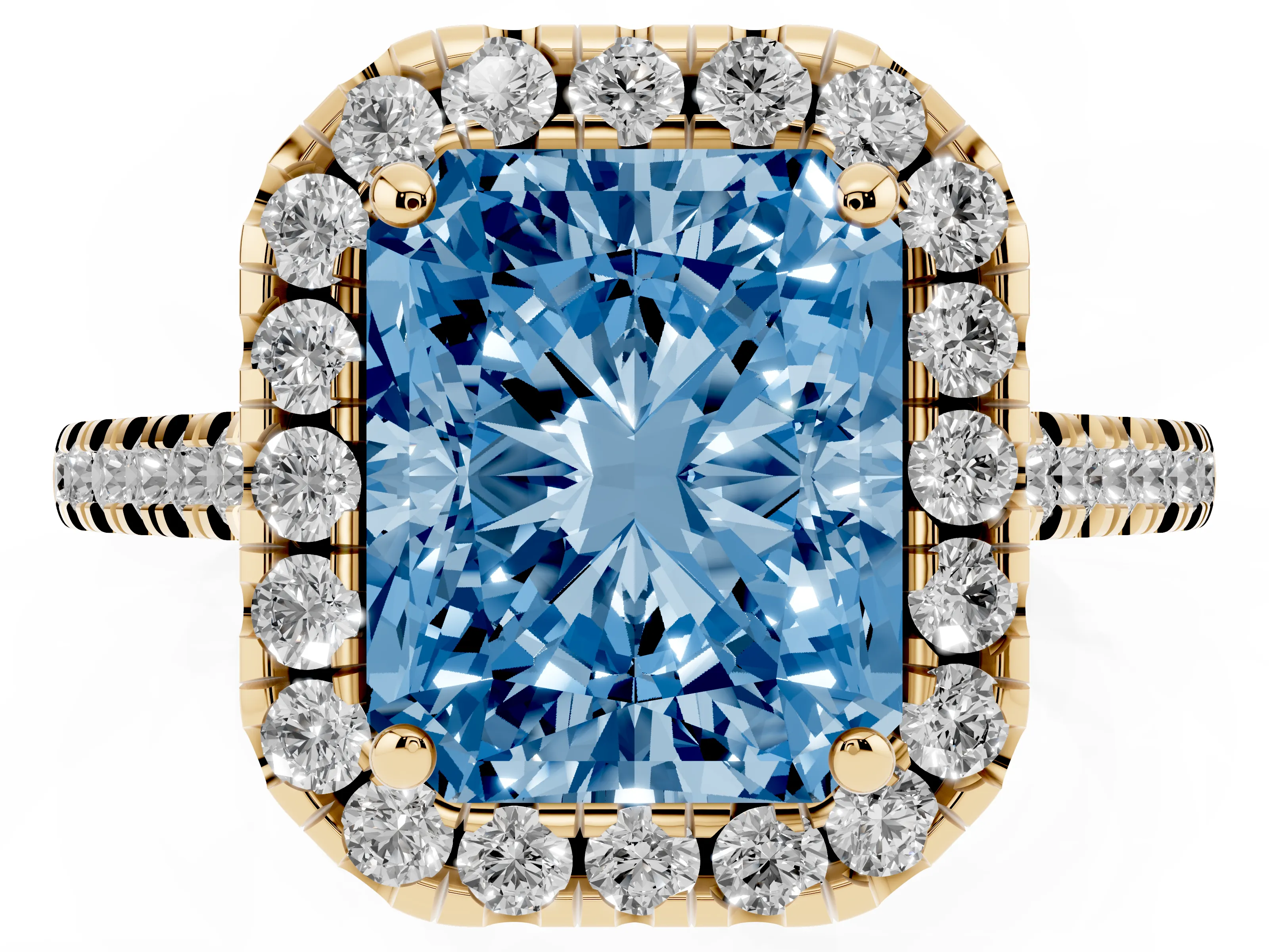 Fancy Blue Radiant Cut Diamond Cushion Halo Ring Set in Yellow gold with Pavé Band