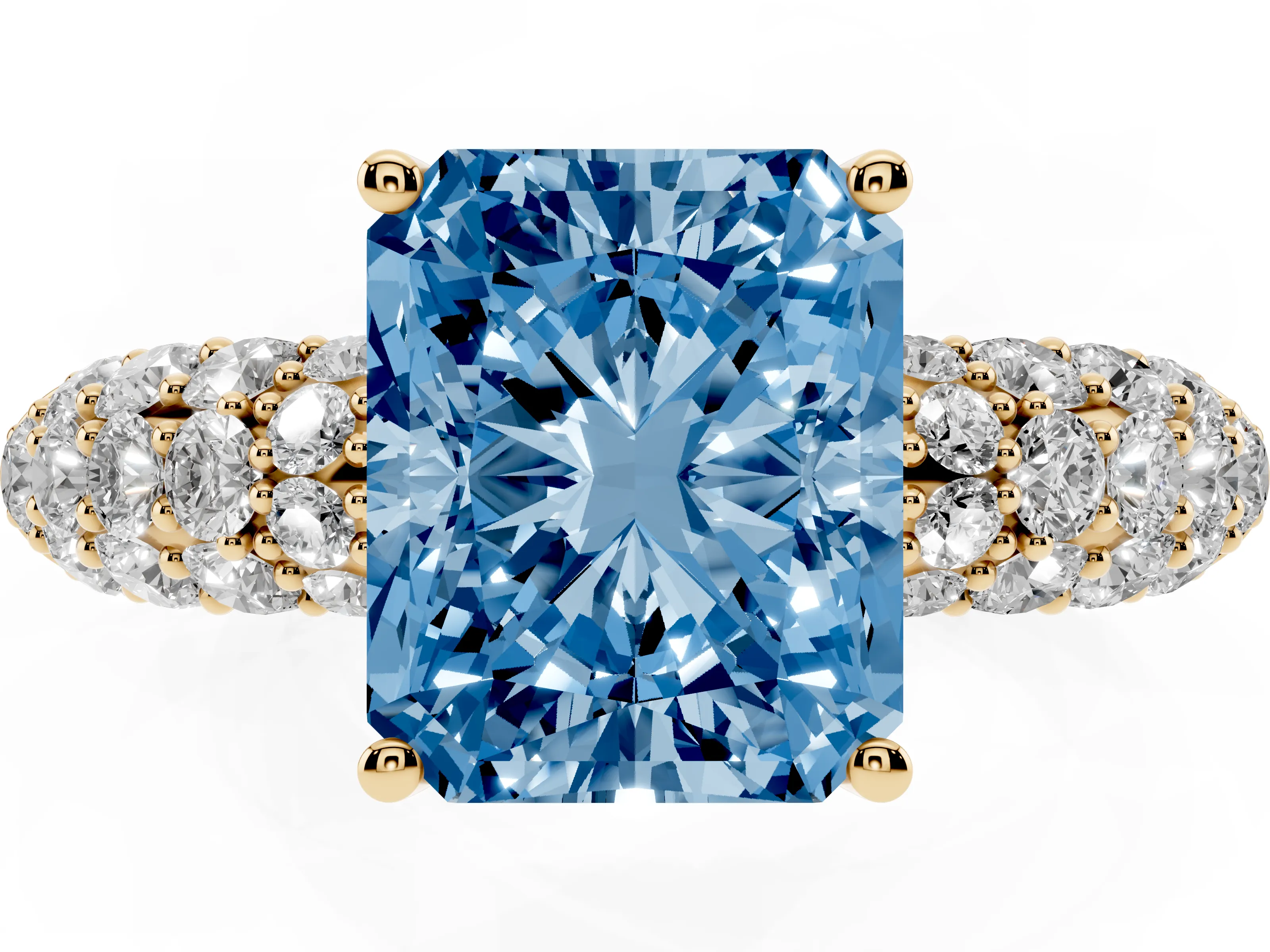 Fancy Blue Radiant Cut Diamond Pavé Band Solitaire Ring Set in Yellow gold with Close-Set Accent Stones and Prong Setting