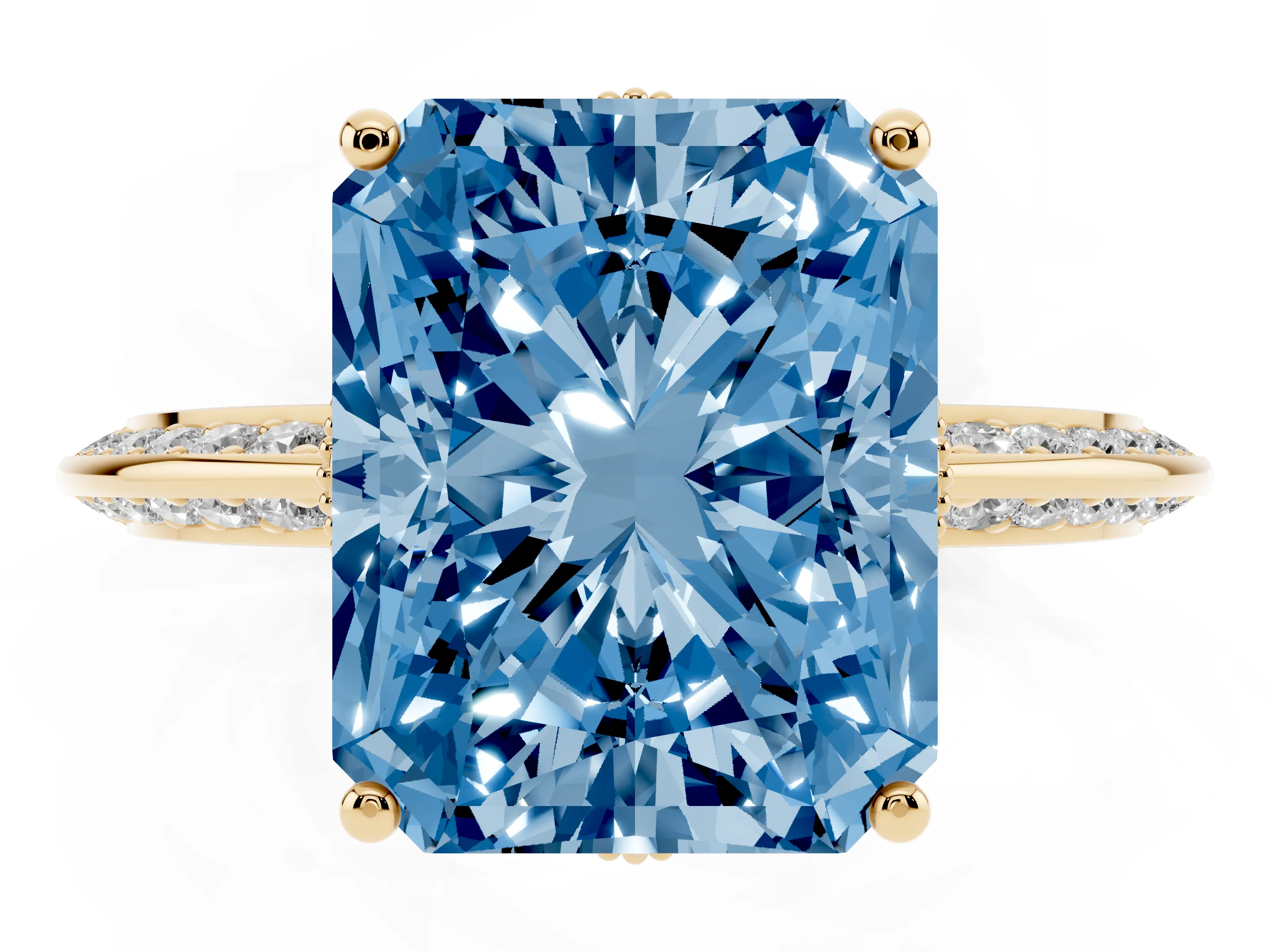 Fancy Blue Radiant Cut Diamond Solitaire Engagement Ring Set in Yellow gold with Pavé Split Shank and Prong Setting