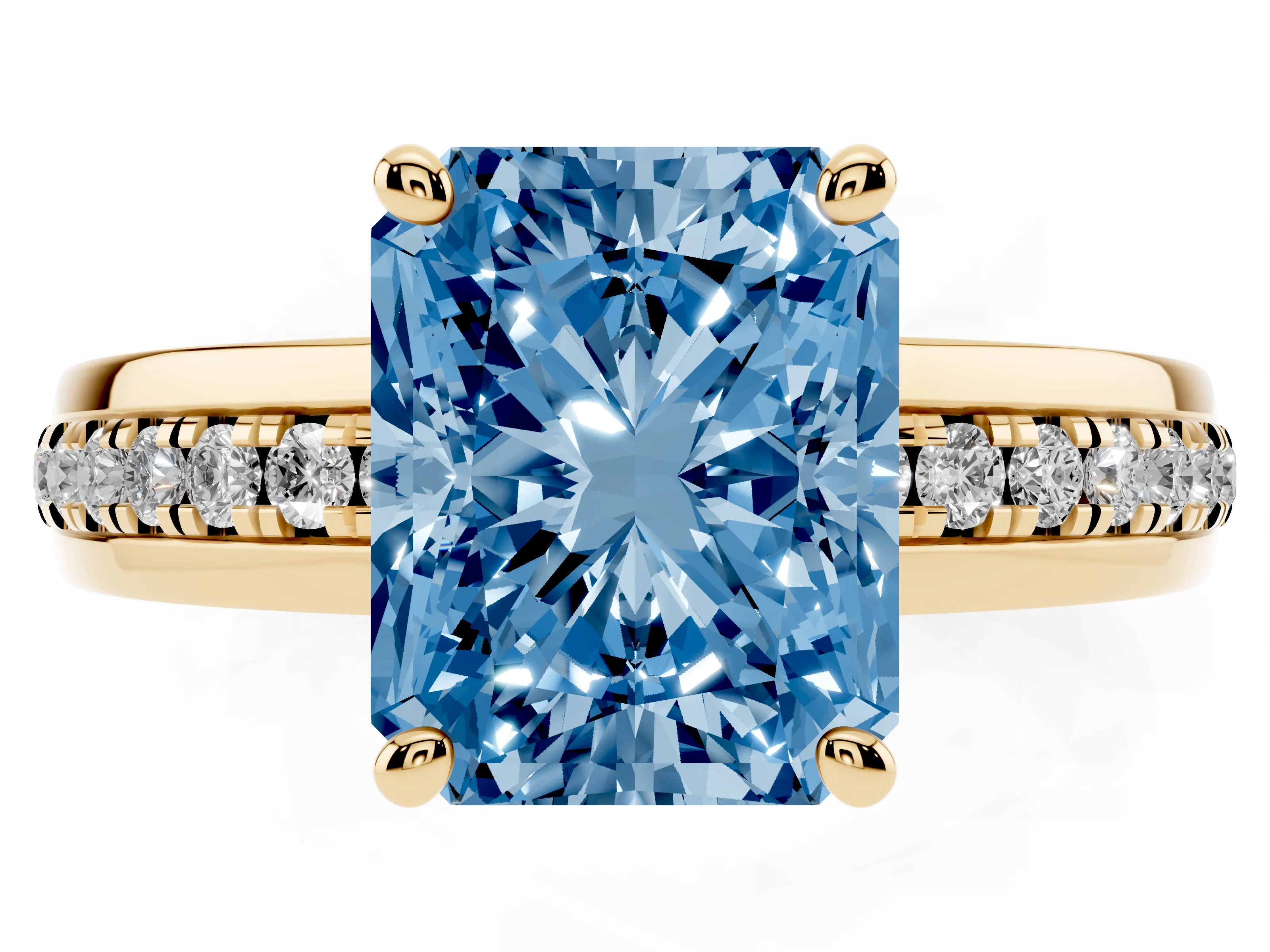 Fancy Blue Radiant Cut Diamond Solitaire Ring Set in Yellow gold with Channel Set Band and Prong Setting