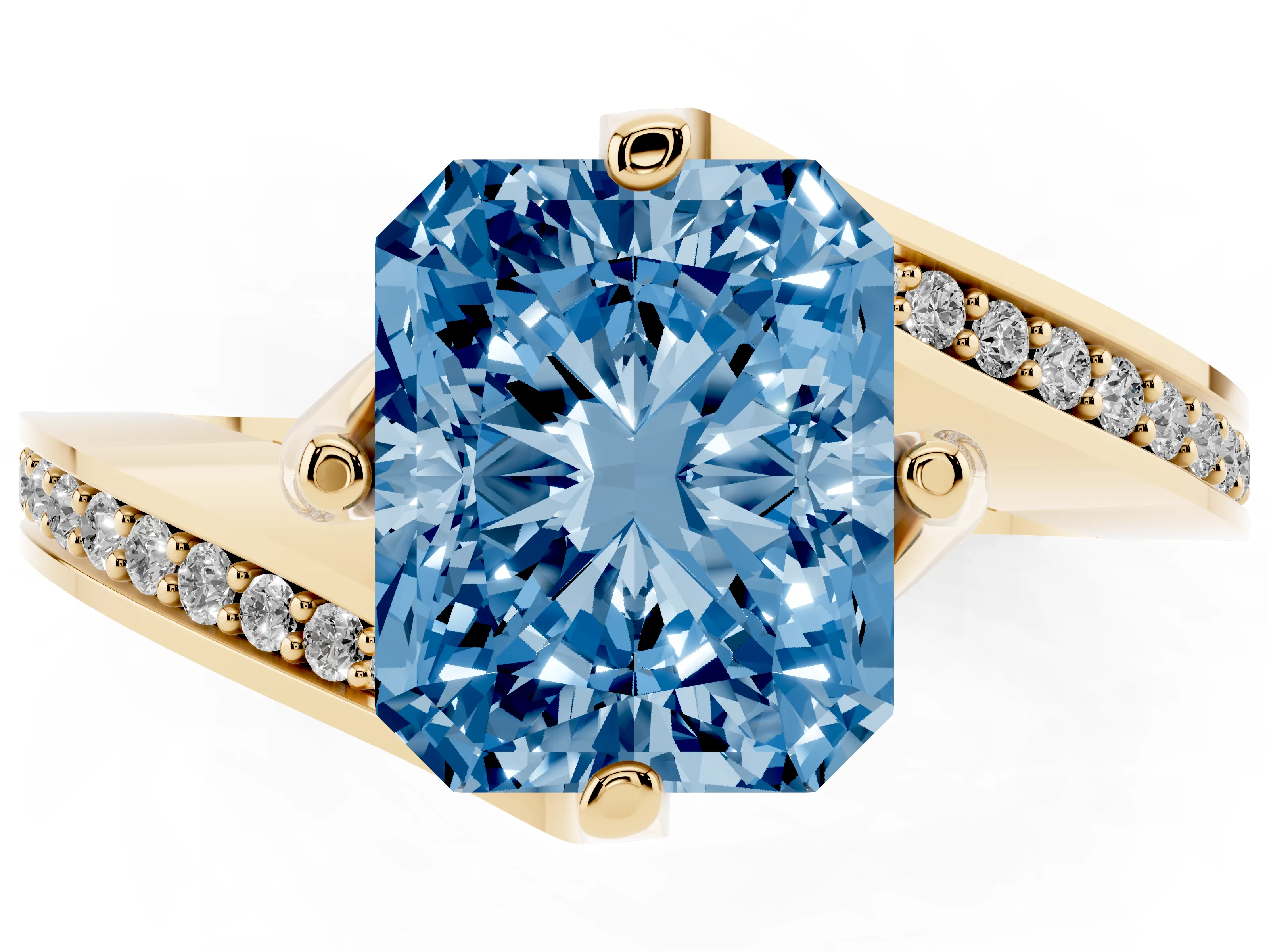 Fancy Blue Radiant Cut Diamond Solitaire Ring Set in Yellow gold with Intertwined Pavé Twist Band