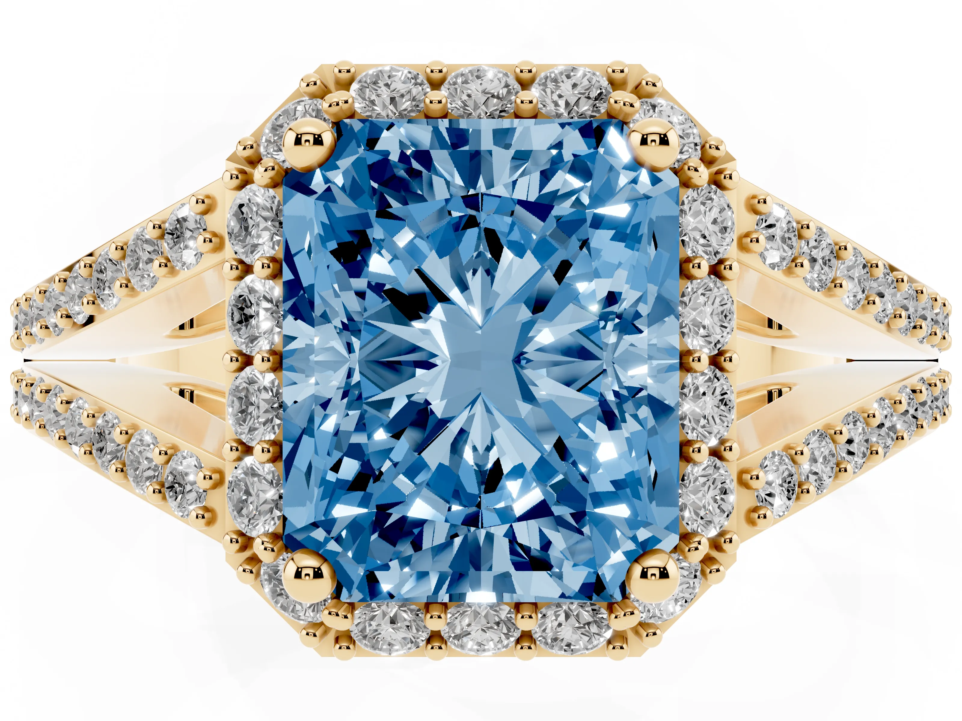 Fancy Blue Radiant Cut Diamond Halo Split Shank Pavé Ring Set in Yellow gold with Prong Setting