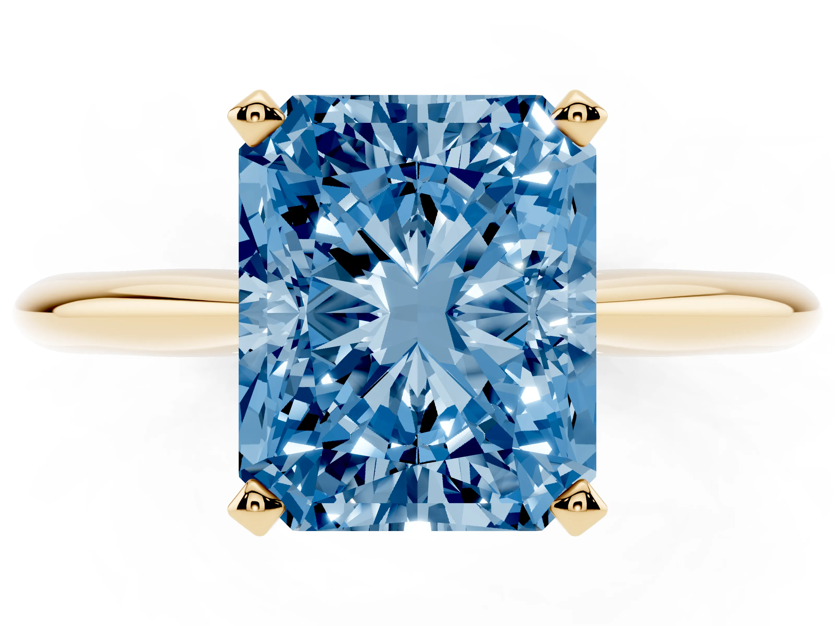 Fancy Blue Radiant Cut Diamond Solitaire Ring Set in Yellow gold with Prong Setting on a Plain Round Band