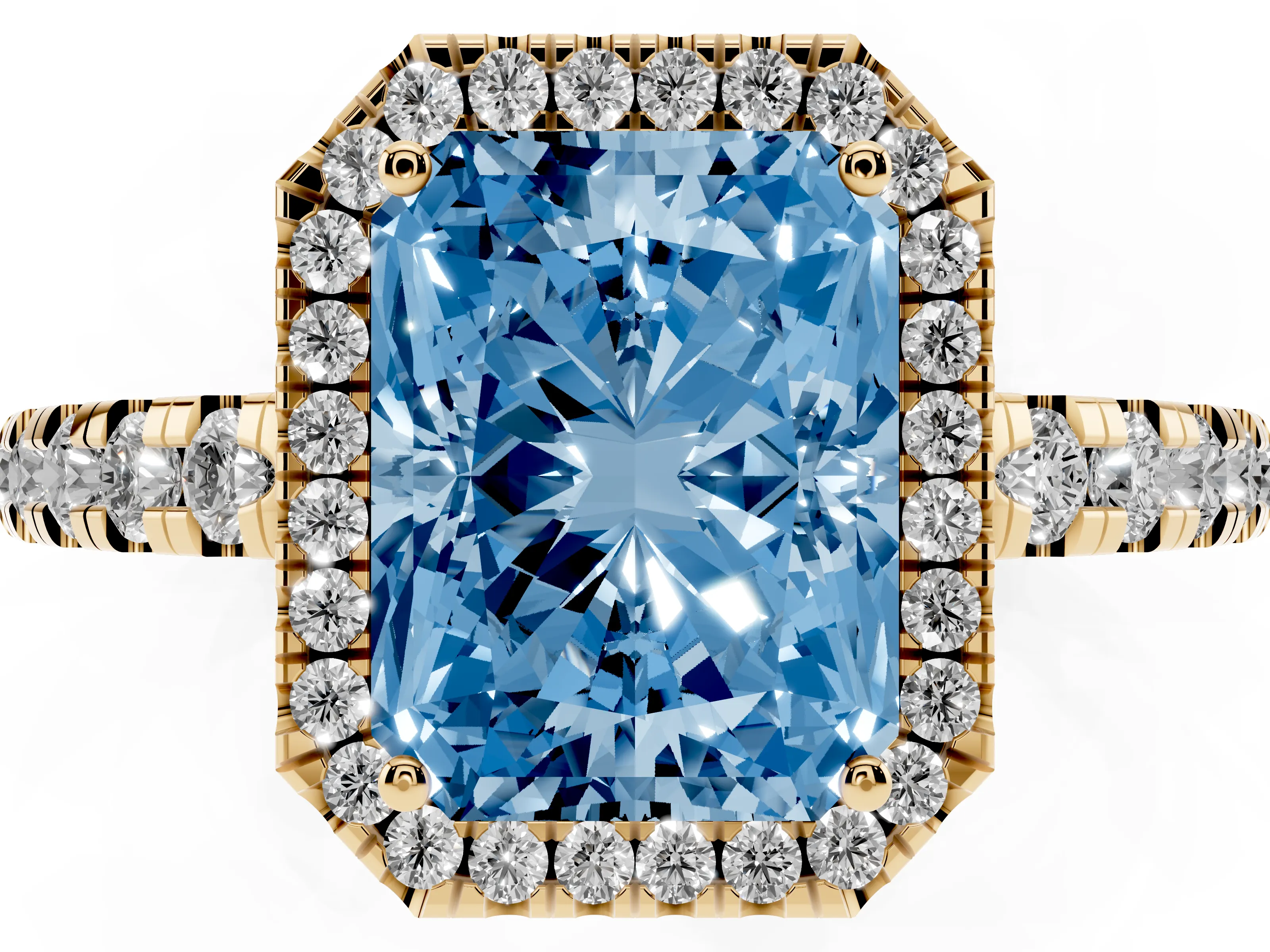 Fancy Blue Radiant Cut Diamond Halo Ring Set in Yellow gold with Delicate Pavé Band and Prong Setting