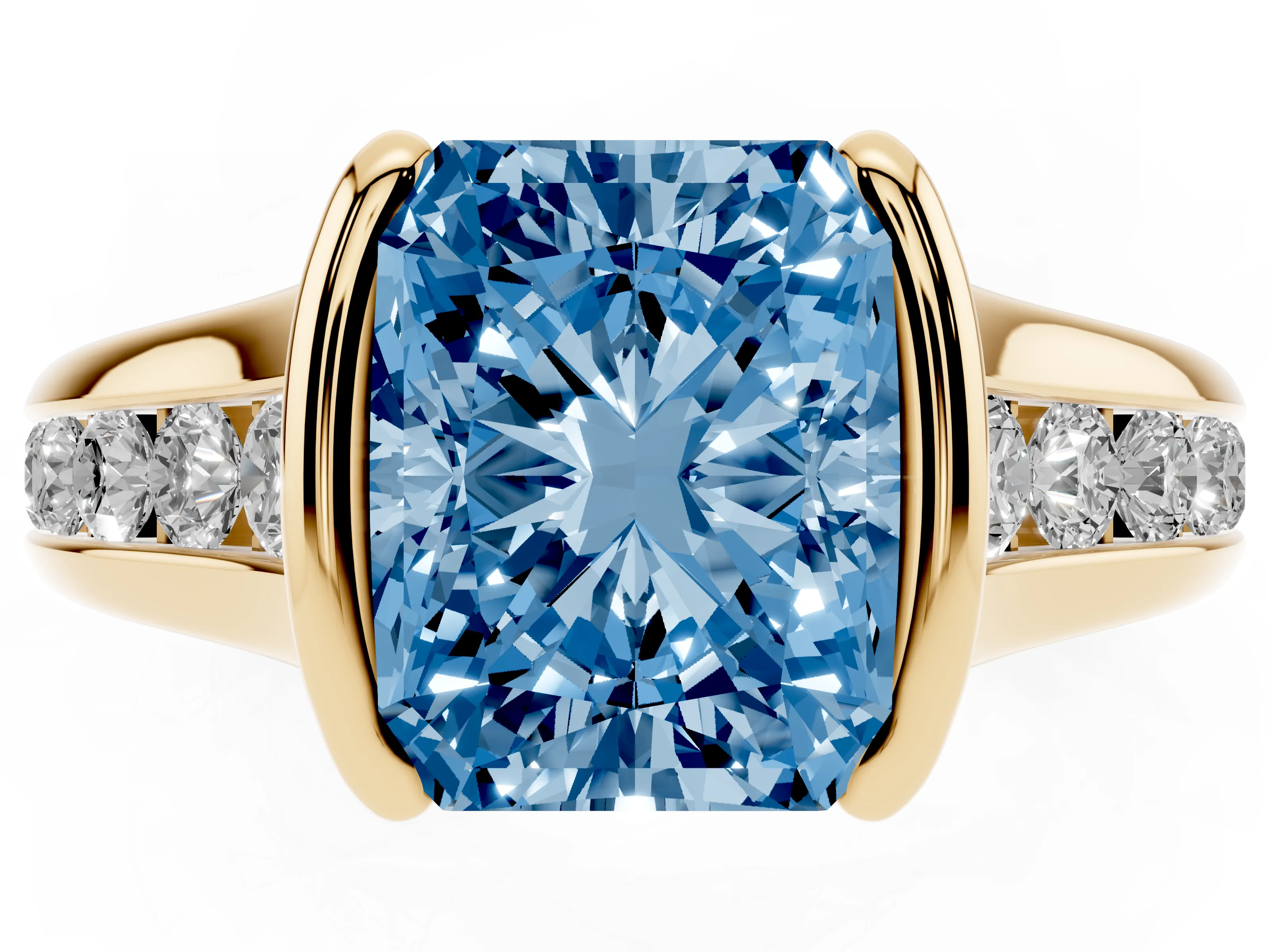 Fancy Blue Radiant Cut Diamond Bezel-Set Solitaire Ring Set in Yellow gold with Channel-Set Band
