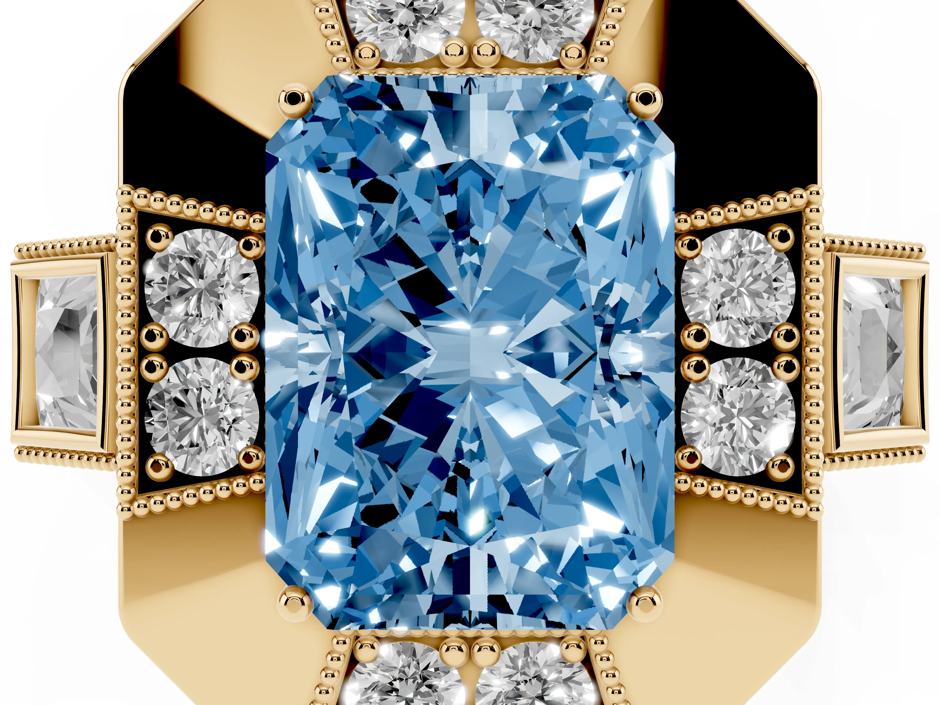 Fancy Blue Radiant Cut Diamond Milgrain Halo Ring Set in Yellow gold with Split Shank
