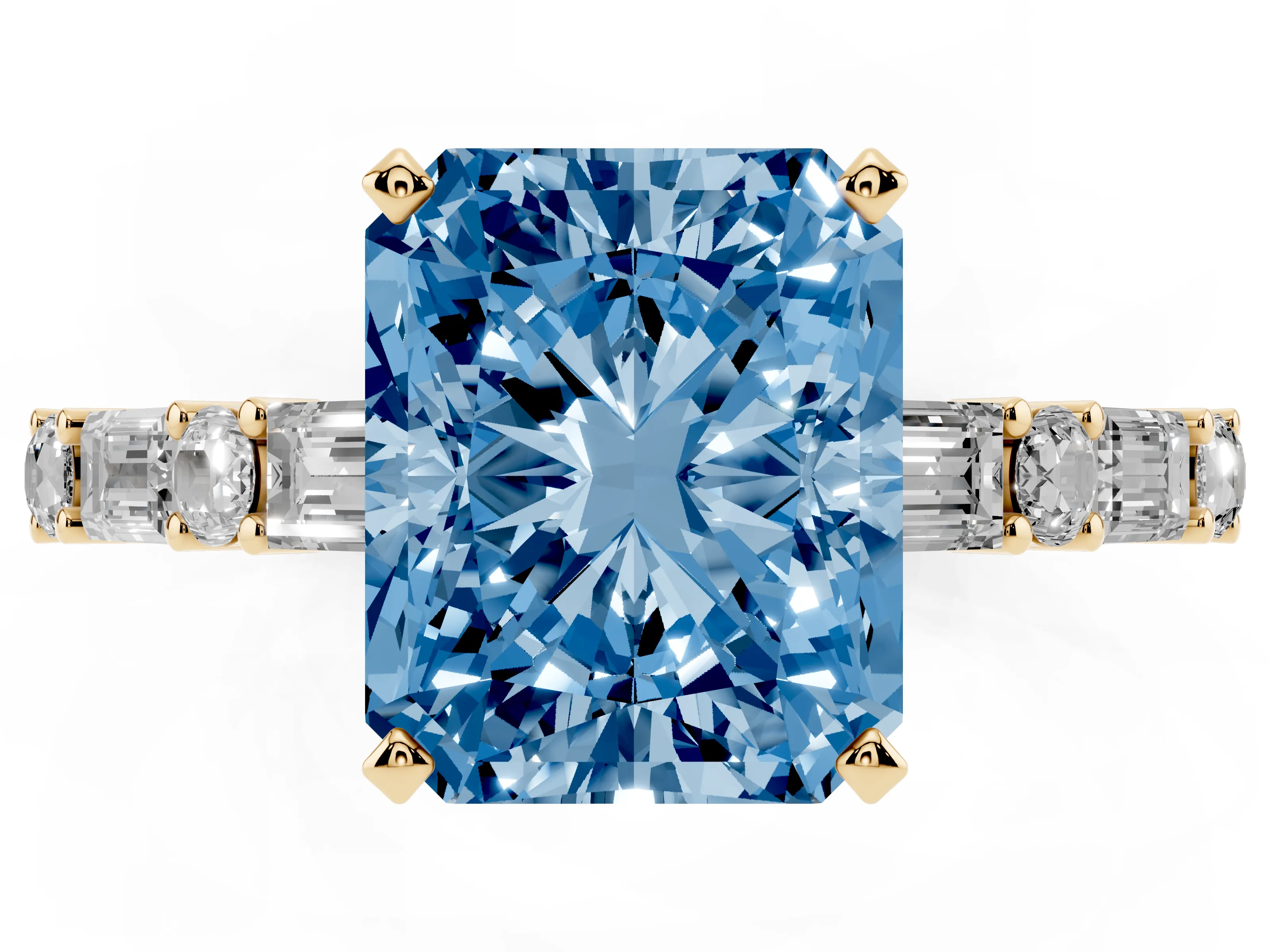 Fancy Blue Radiant Cut Diamond Solitaire Set in Yellow gold with Side Baguettes and Channel Set Band