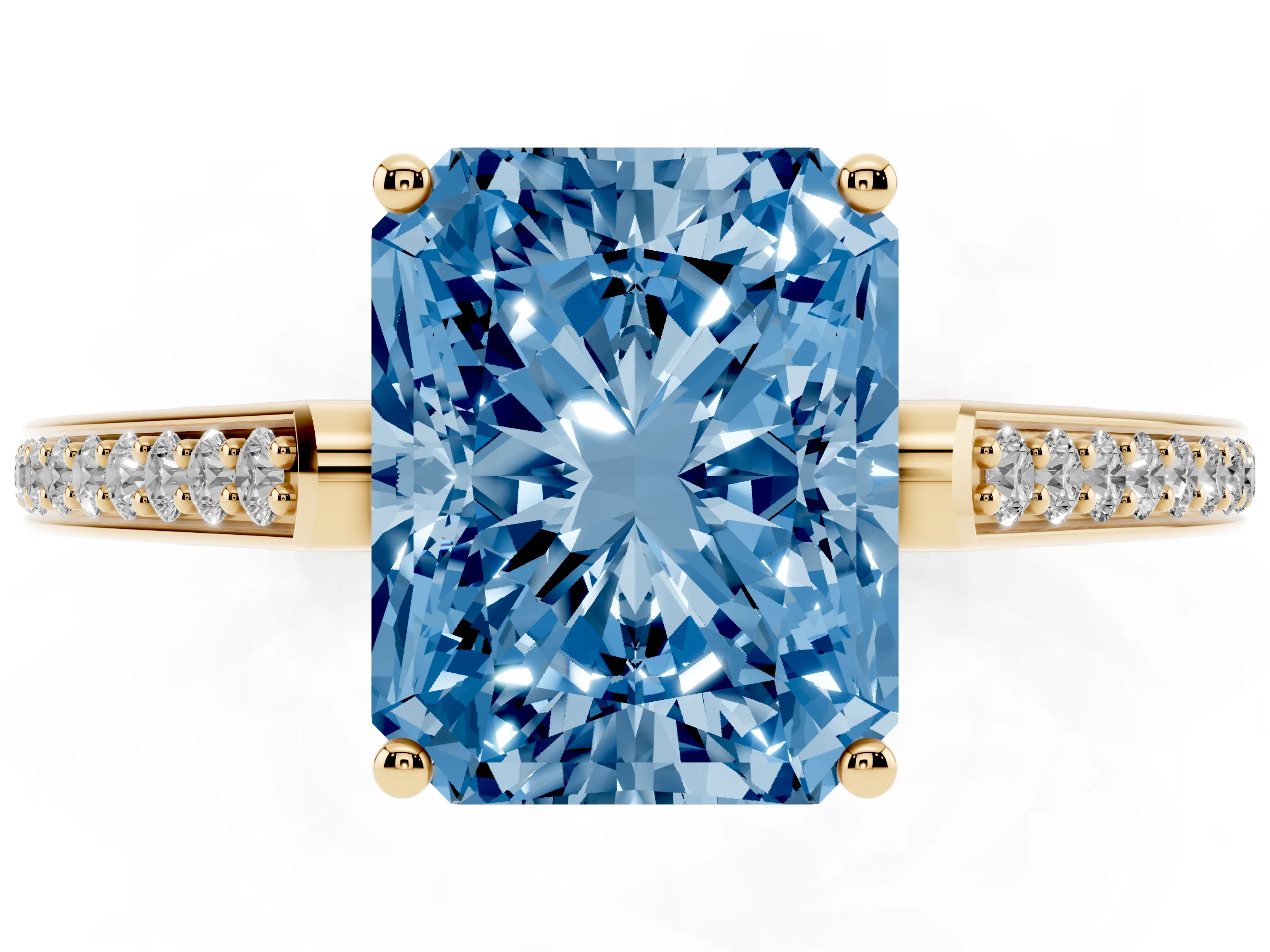 Fancy Blue Radiant Cut Diamond Cathedral Pavé Engagement Ring Set in Yellow gold with Prong Setting