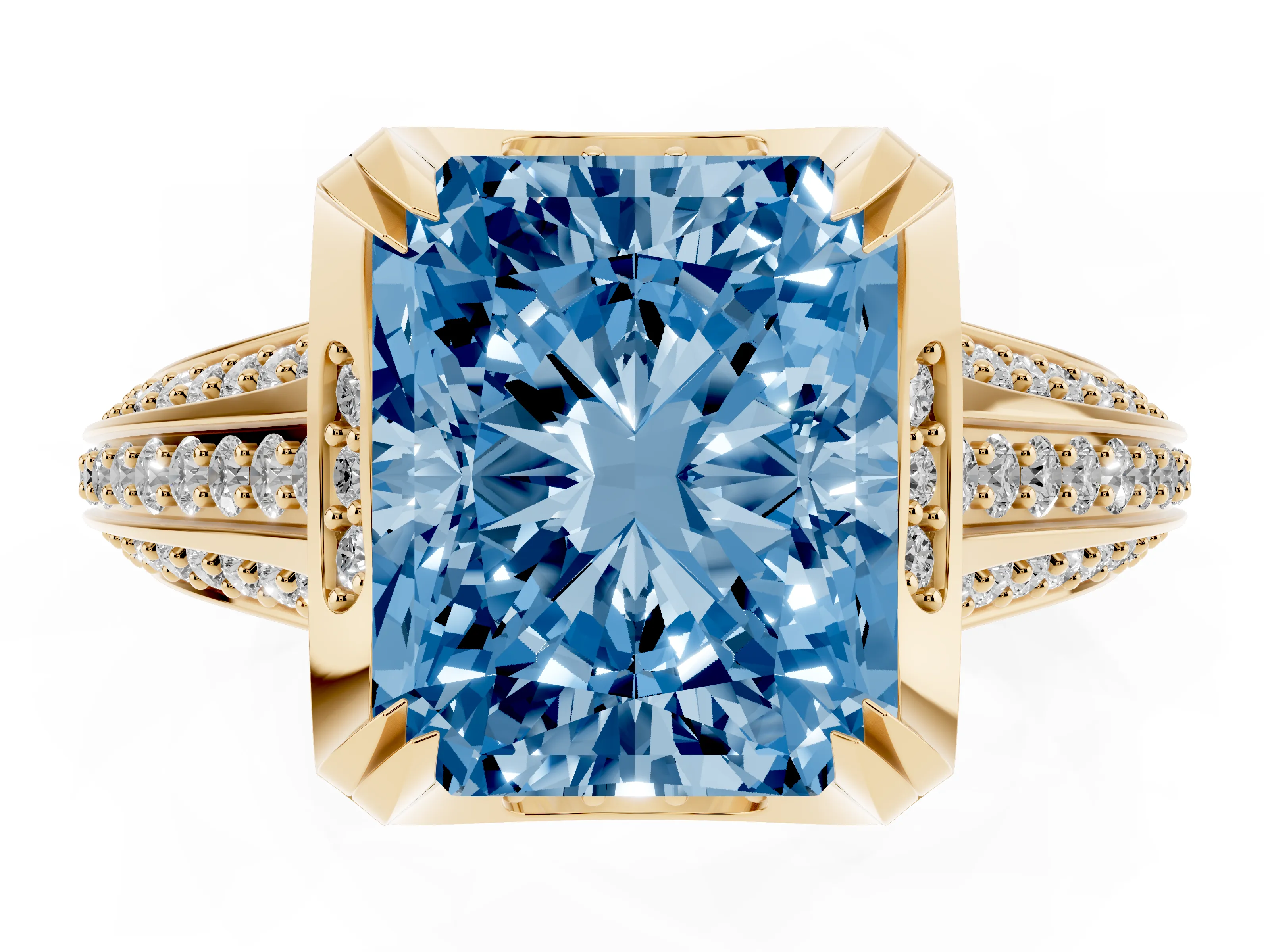 Fancy Blue Radiant Cut Diamond Pavé Split Shank Solitaire Ring Set in Yellow gold with Prong Setting