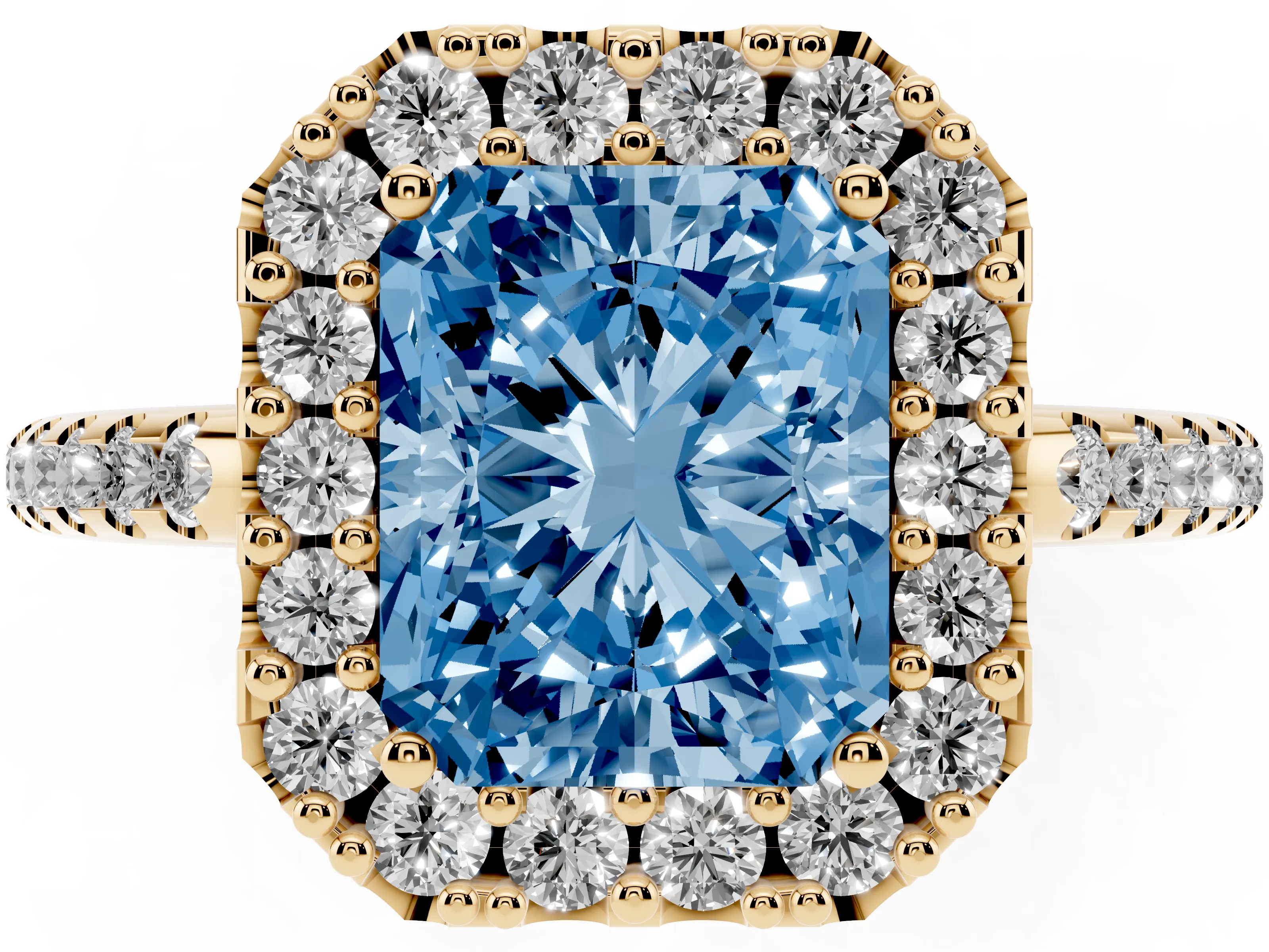 Fancy Blue Radiant Cut Diamond Pavé Halo Ring Set in Yellow gold with Prong Setting