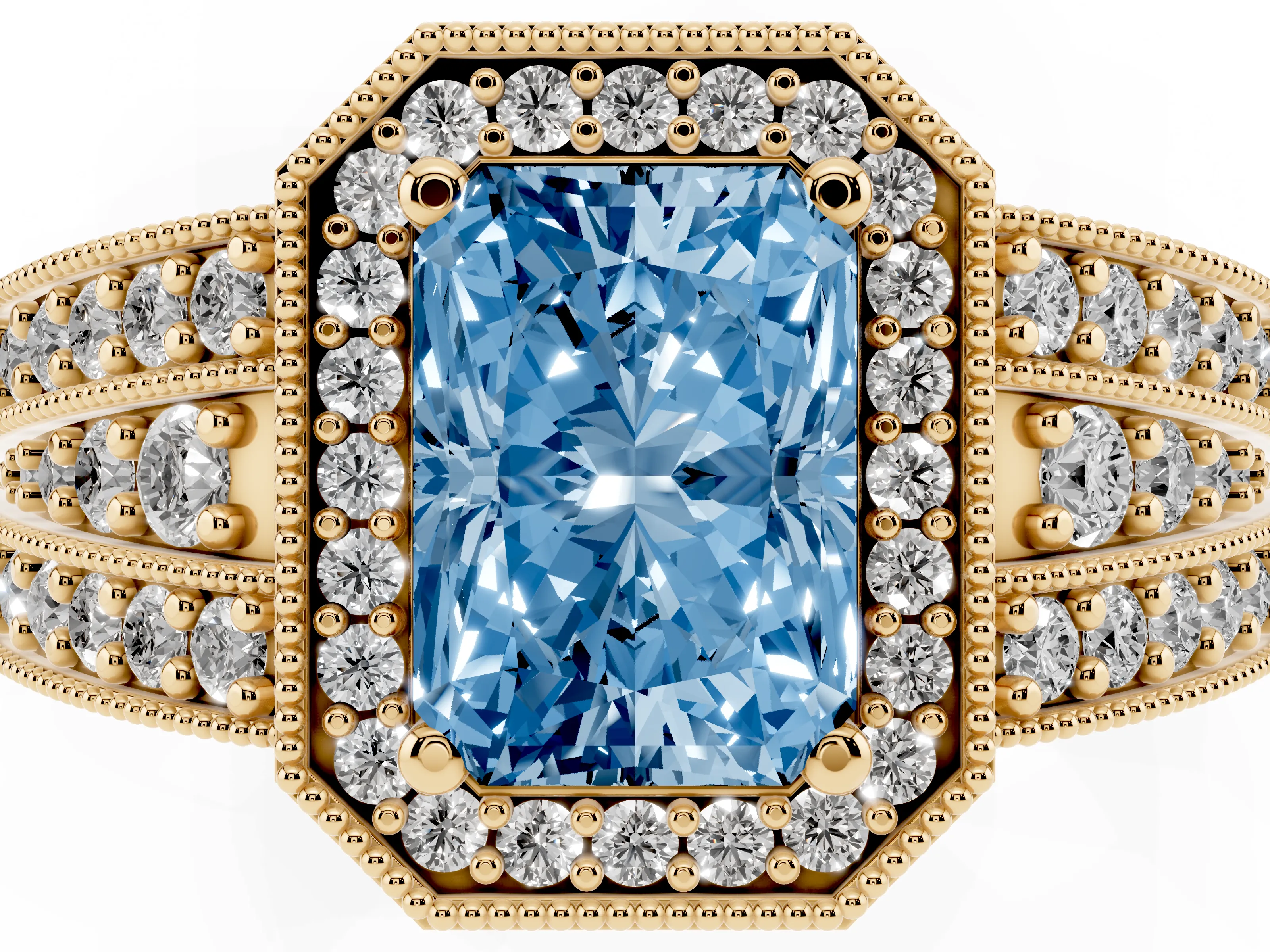 Fancy Blue Radiant Cut Diamond Halo Ring Set in Yellow gold with Accent Split Shank and Prong Setting