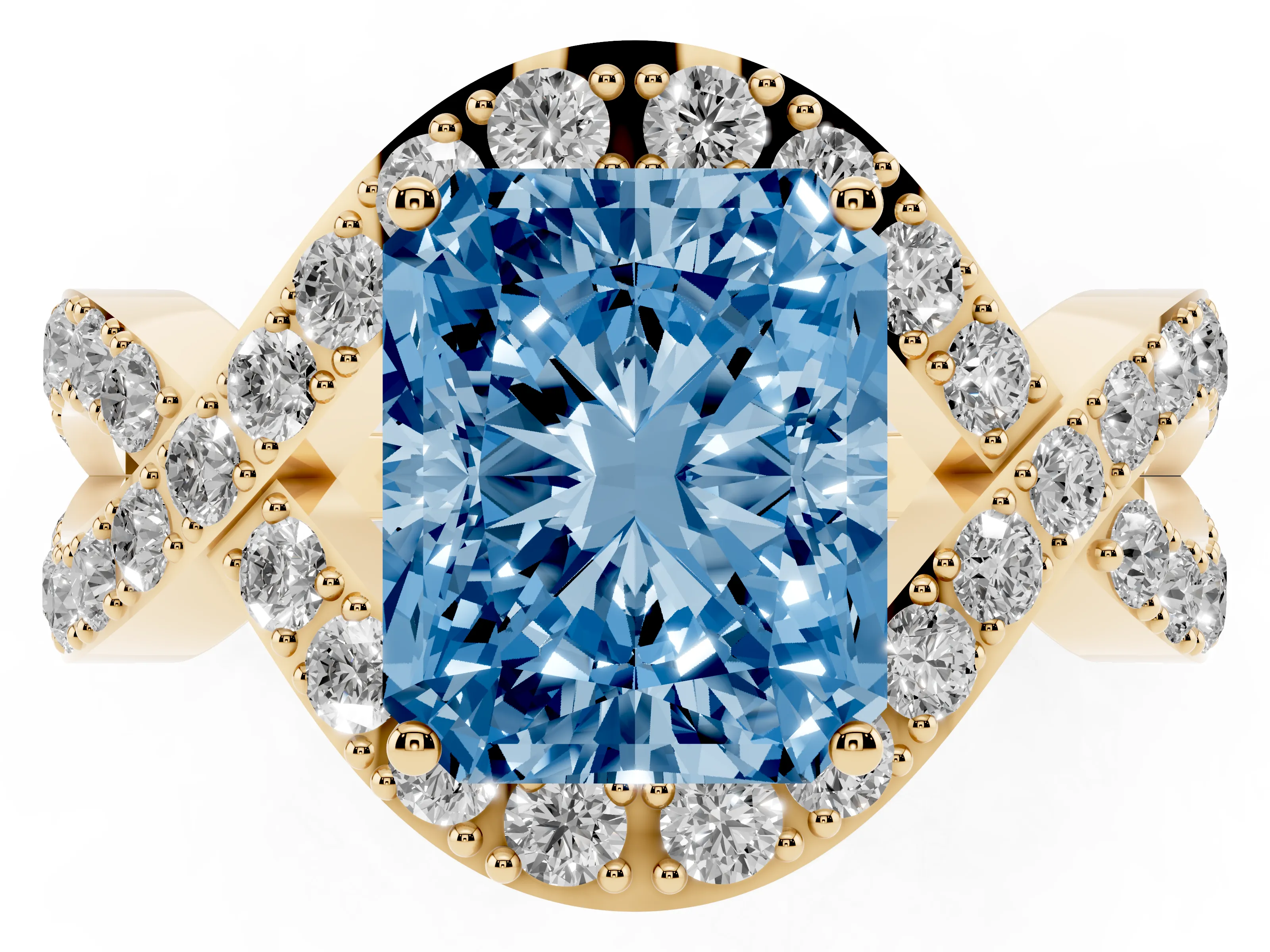 Fancy Blue Radiant Cut Diamond Solitaire Twist Band Pavé Engagement Ring Set in Yellow gold
