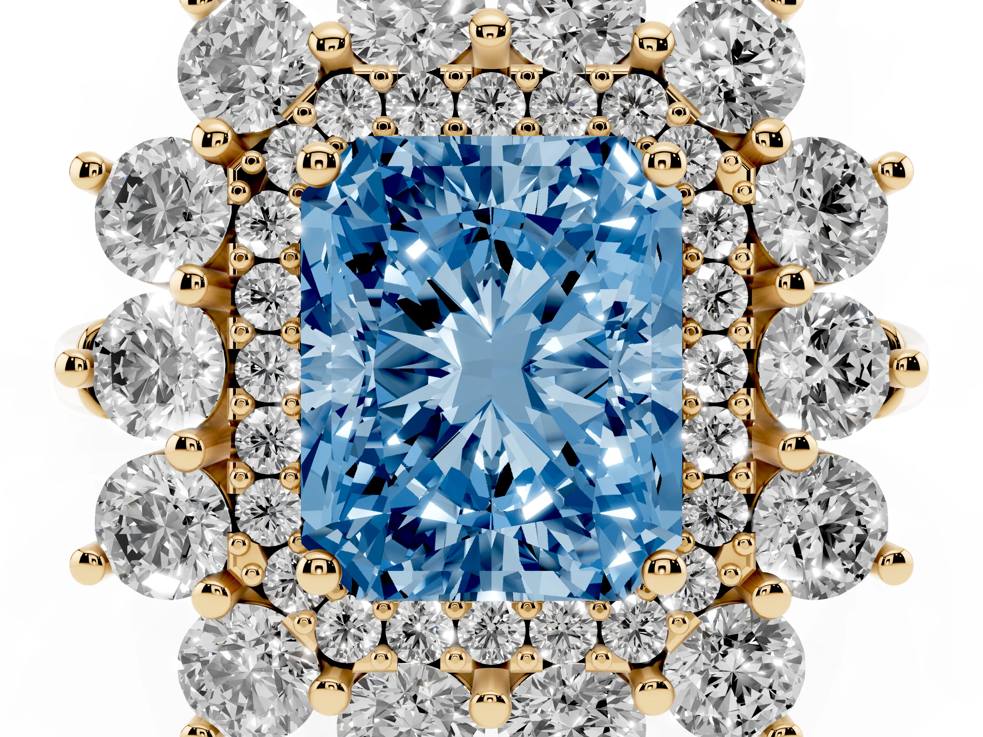 Fancy Blue Radiant Cut Diamond Floral Double Halo Ring Set in Yellow gold with Round Petals