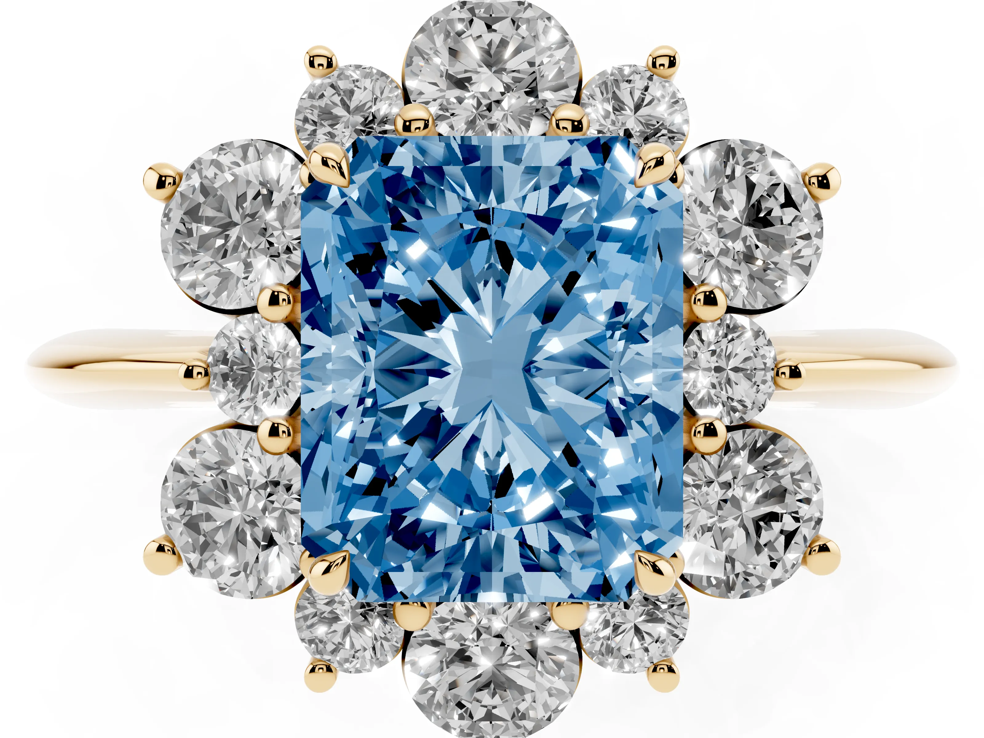 Fancy Blue Radiant Cut Diamond Cluster Halo Ring Set in Yellow gold with Solitaire Band and Prong Setting