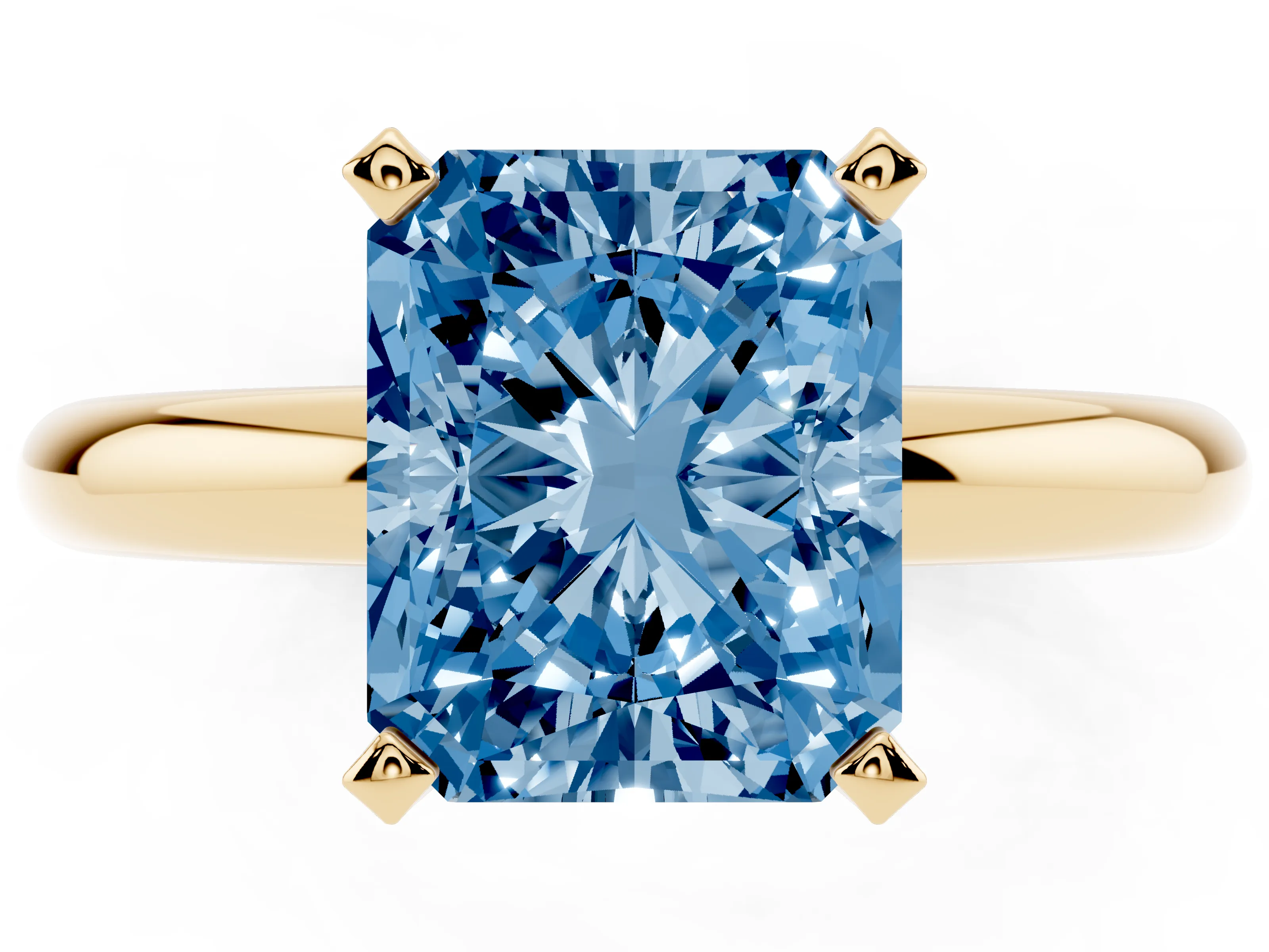 Fancy Blue Radiant Cut Diamond Solitaire Engagement Ring Set in Yellow gold with Round Band and Prong Setting