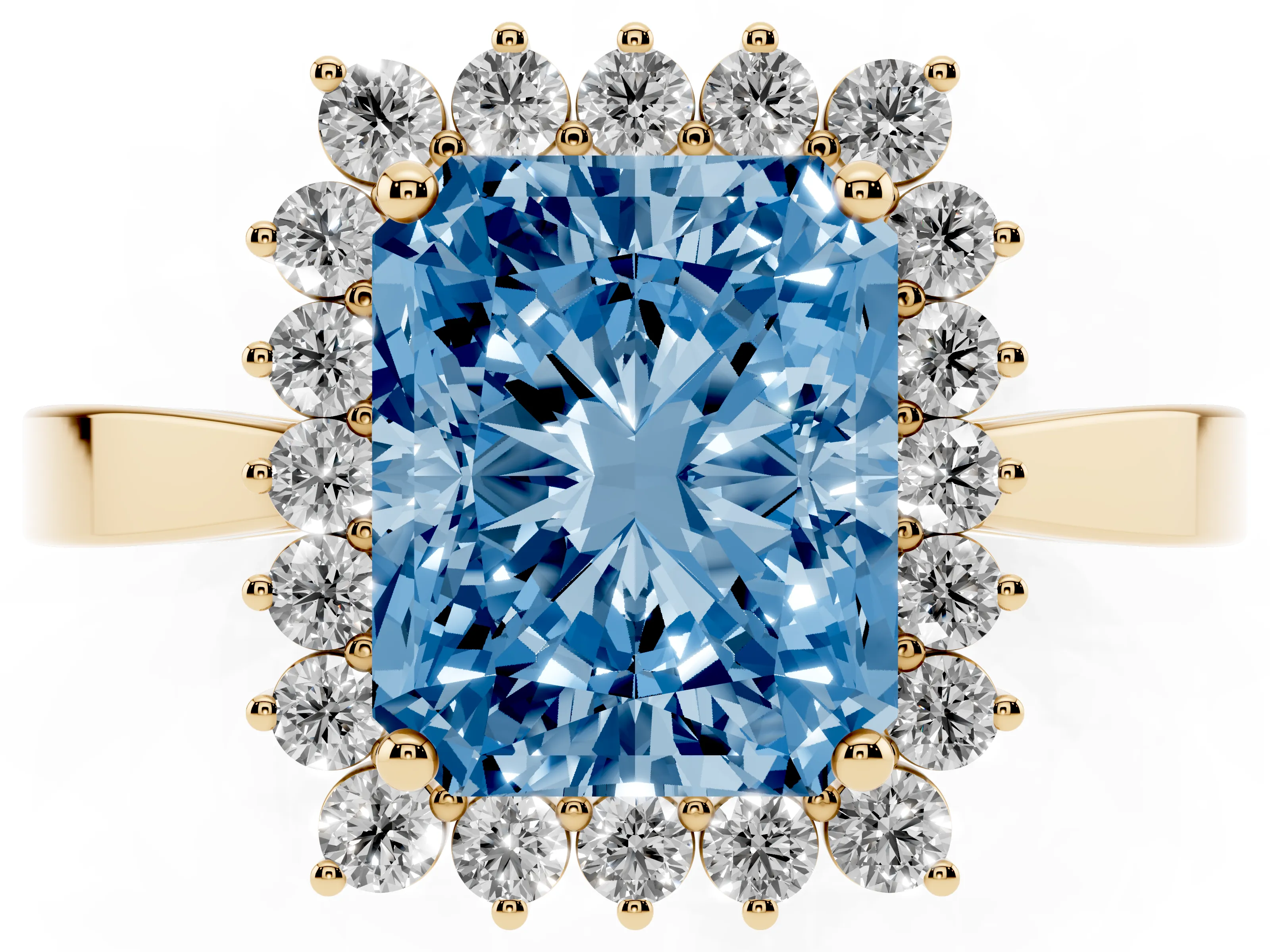 Fancy Blue Radiant Cut Diamond Halo Ring Set in Yellow gold with Round Halo and Smooth Solitaire Band