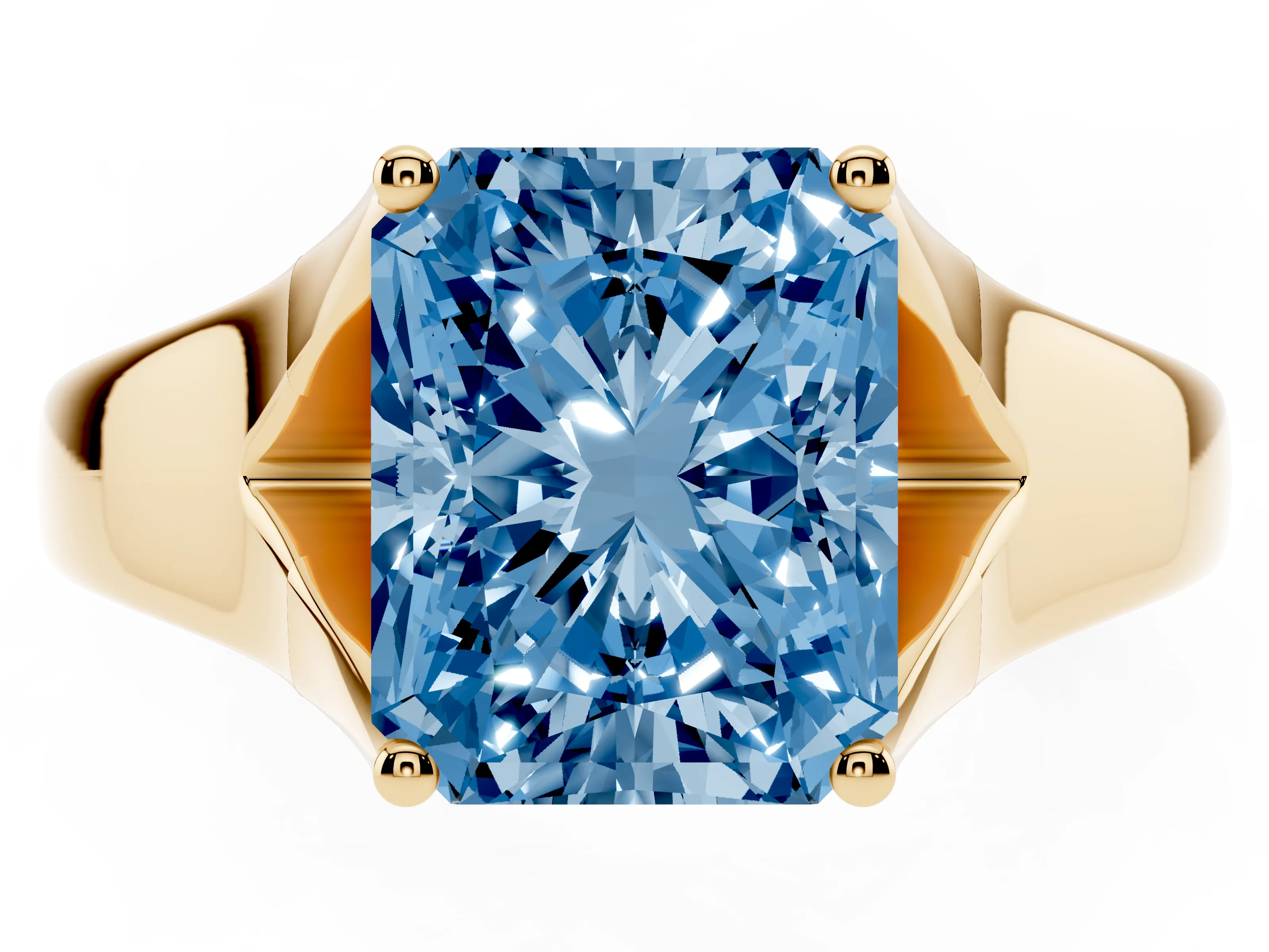 Fancy Blue Radiant Cut Diamond Solitaire Ring Set in Yellow gold with Arched Cathedral Band and Prong Setting