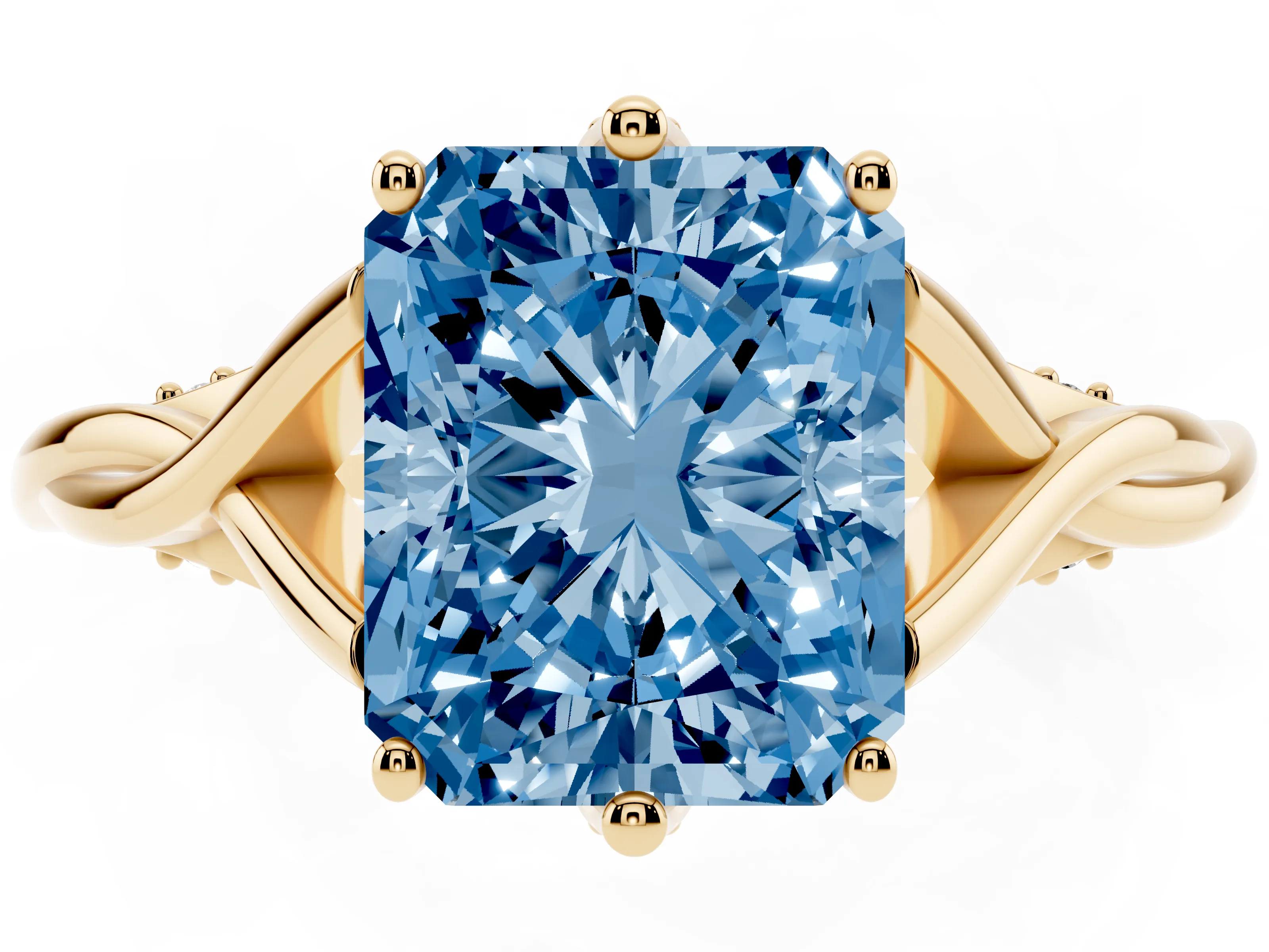 Fancy Blue Radiant Cut Diamond Intertwined Twist Band Solitaire Ring Set in Yellow gold with Prong Setting