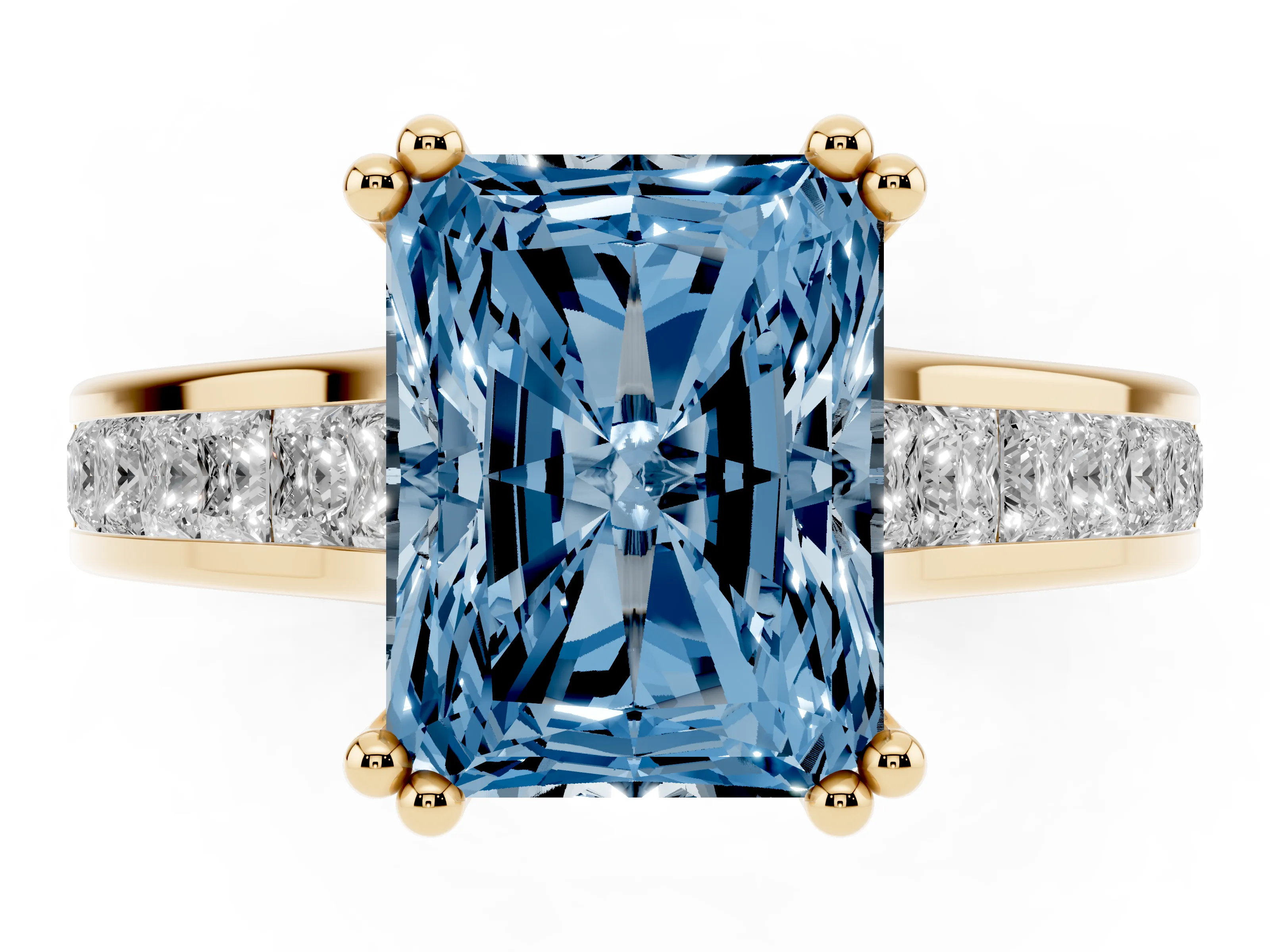 Fancy Blue Radiant Cut Diamond Channel Set Solitaire Engagement Ring Set in Yellow gold with Prong Setting