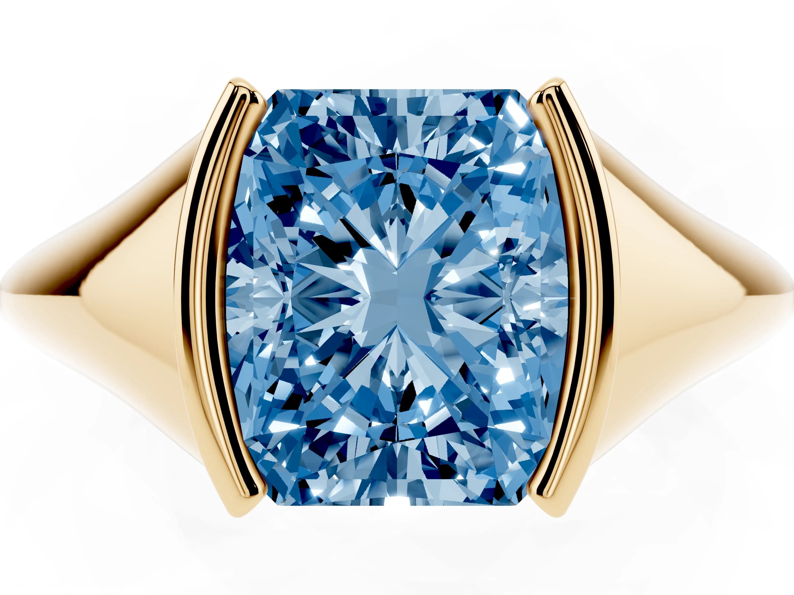 Fancy Blue Radiant Cut Diamond Solitaire Tension Set Ring Set in Yellow gold