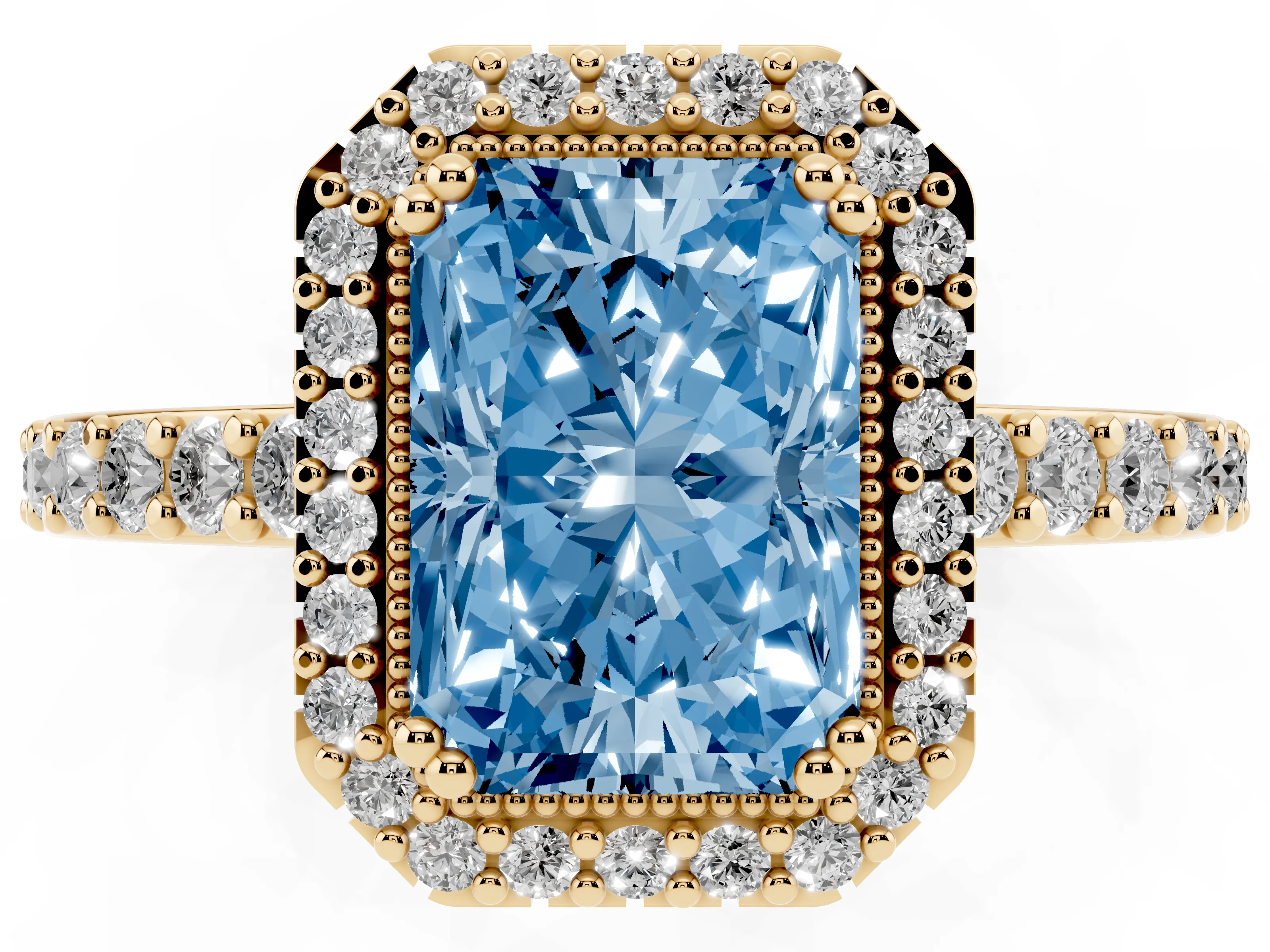 Fancy Blue Radiant Cut Diamond Halo Engagement Ring Set in Yellow gold with Milgrain Detail and Pavé Band