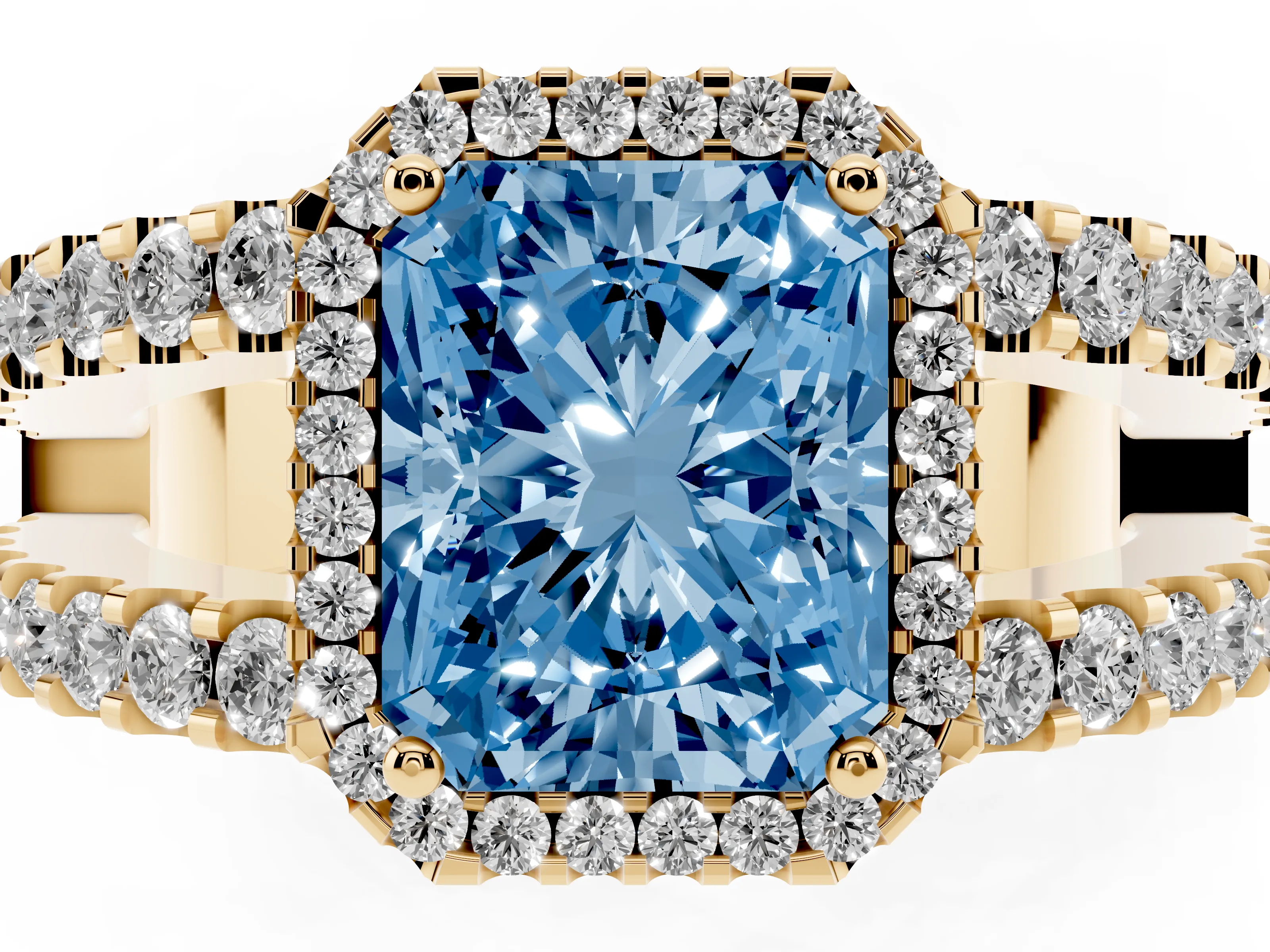 Fancy Blue Radiant Cut Diamond Halo Ring Set in Yellow gold with Pavé Split Shank and Prong Setting