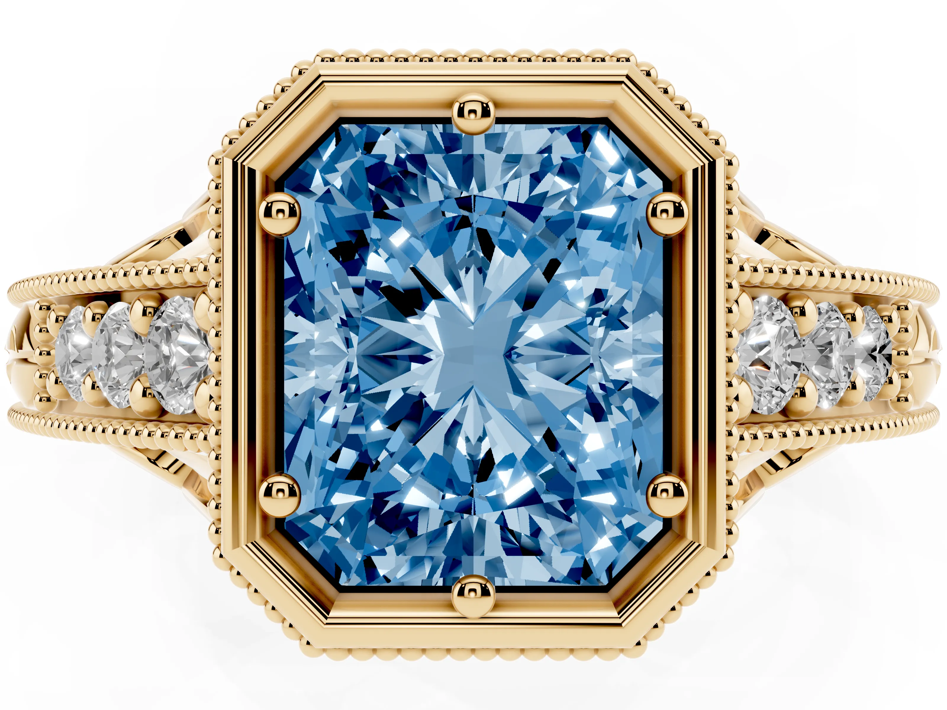 Fancy Blue Bezel Set Radiant Cut Diamond Milgrain Pavé Engagement Ring Set in Yellow gold