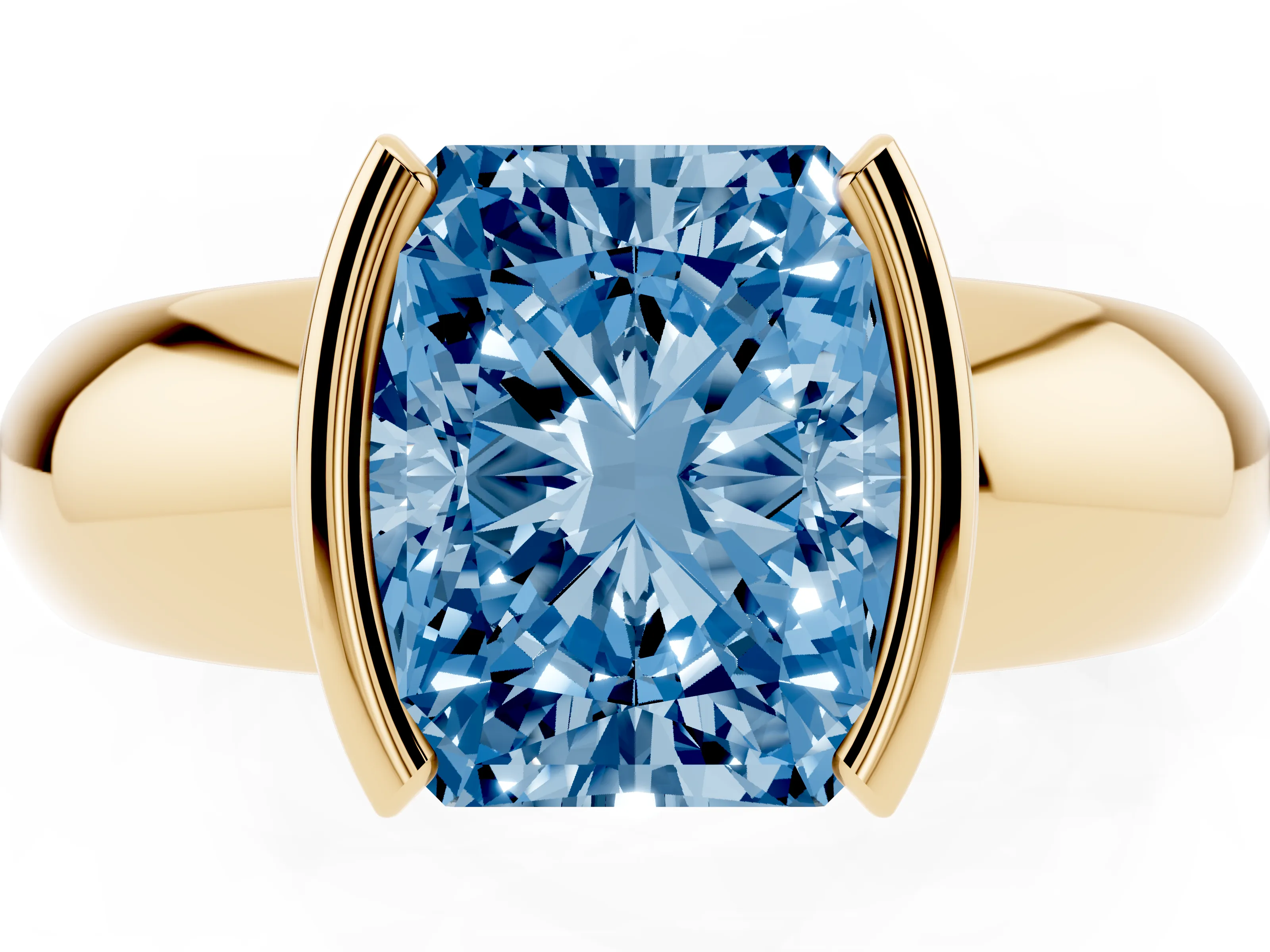 Fancy Blue Radiant Cut Diamond Solitaire Tension Set Ring Set in Yellow gold with Wide Band