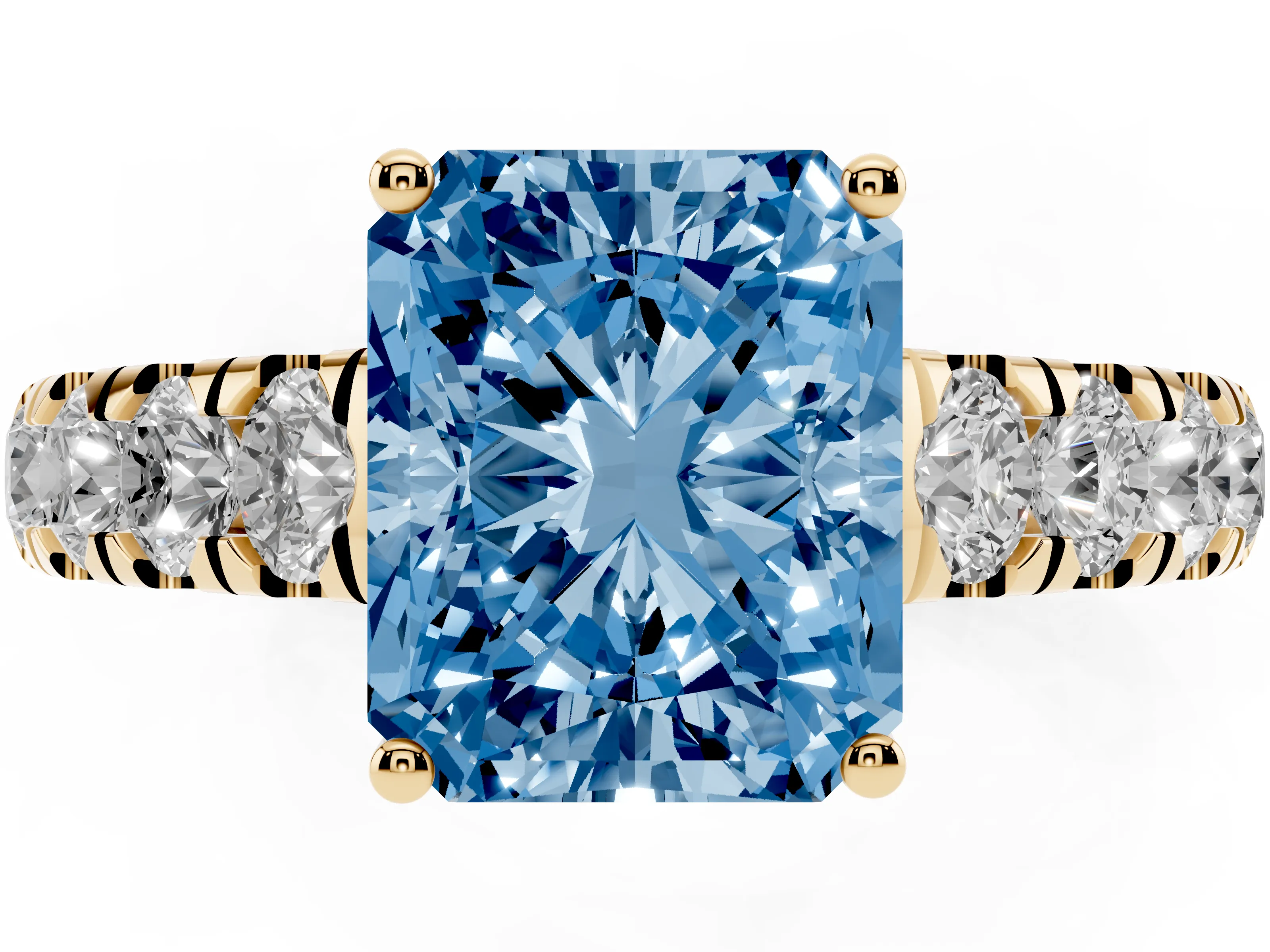 Fancy Blue Radiant Cut Diamond Solitaire Ring Set in Yellow gold with Cut-Down Micro Pavé Band and Prong Setting