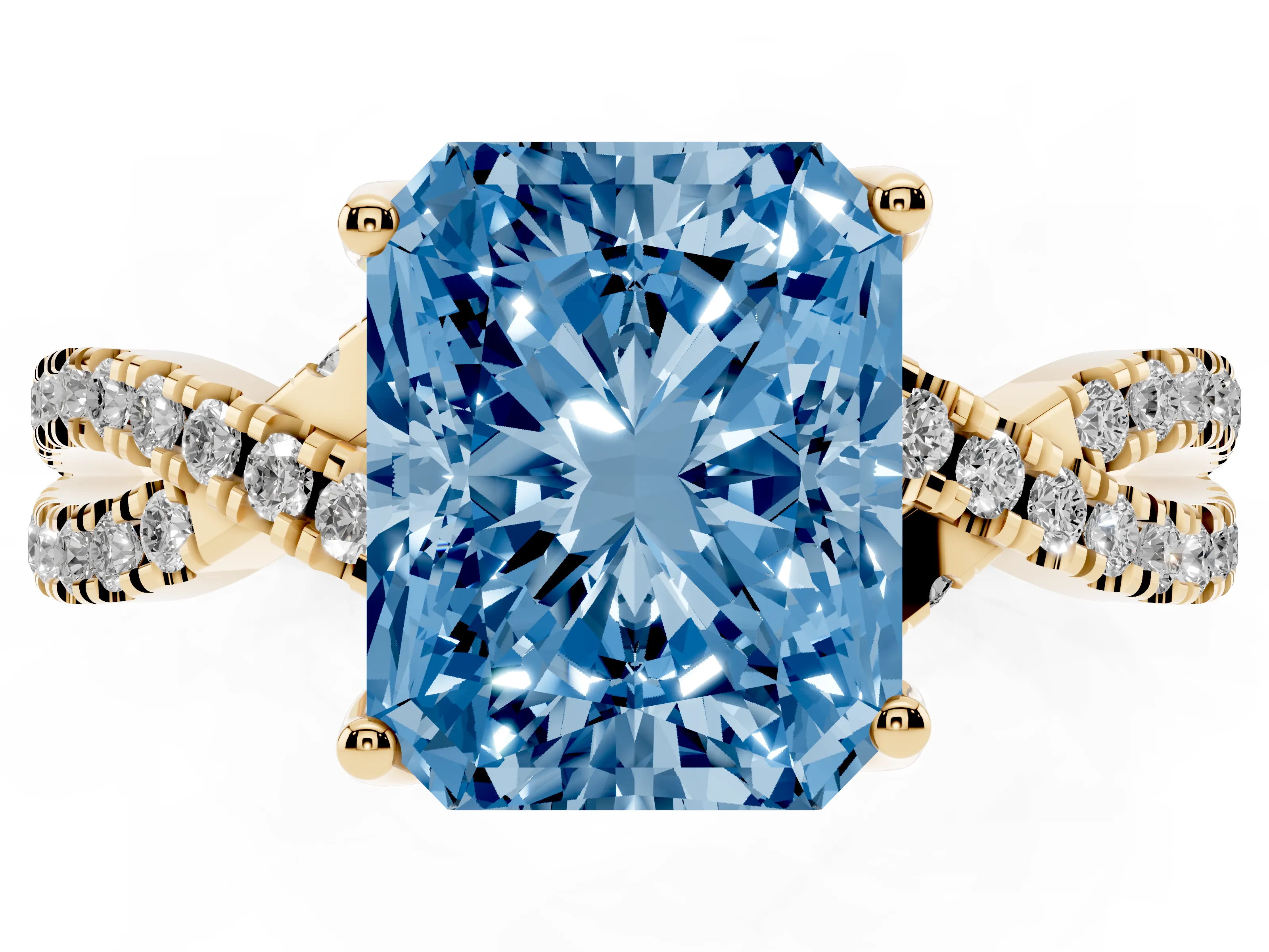 Fancy Blue Radiant Cut Diamond Twist Pavé Solitaire Engagement Ring Set in Yellow gold with Prong Setting