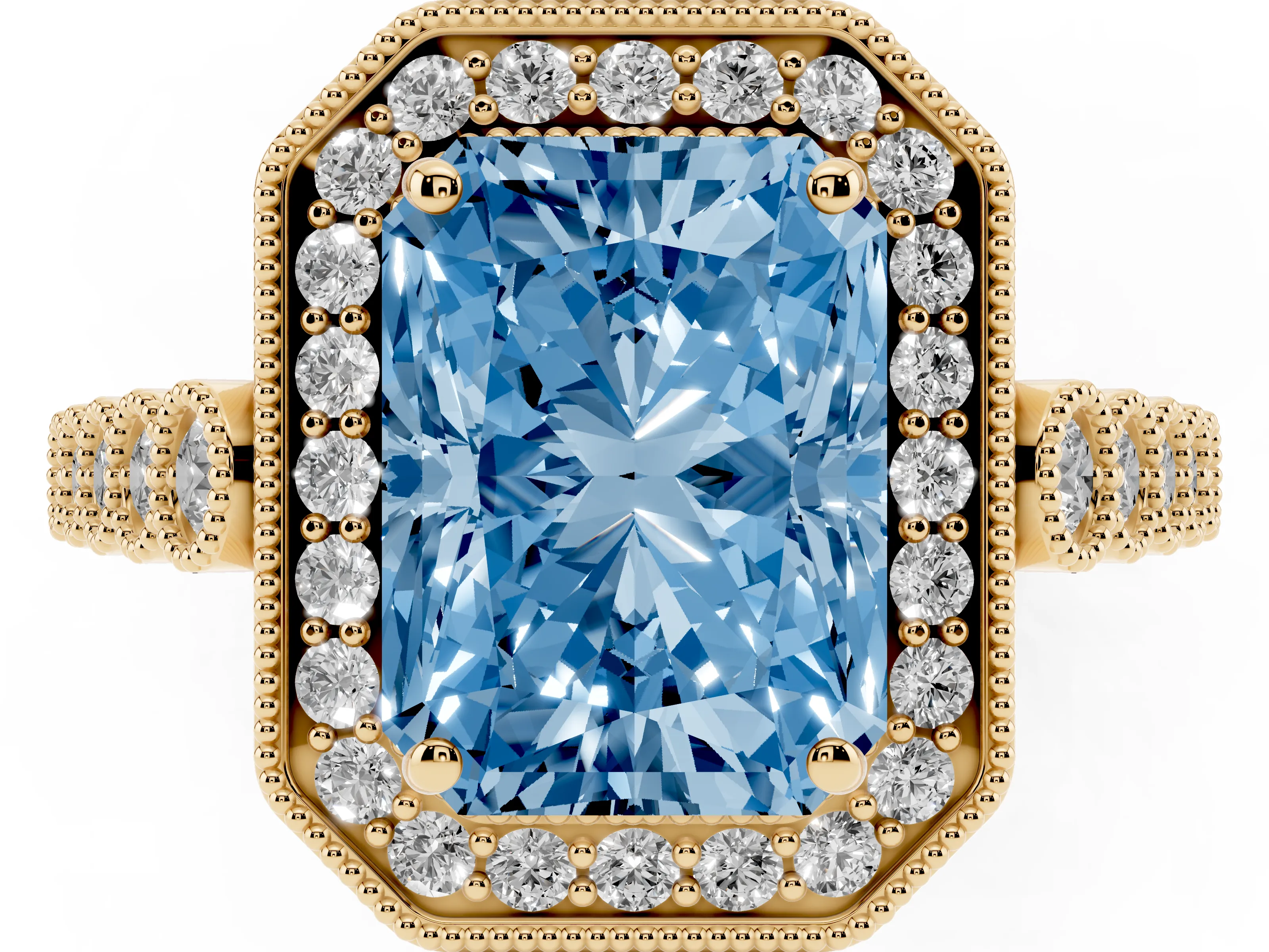 Fancy Blue Radiant Cut Diamond Milgrain Halo Solitaire Ring Set in Yellow gold with Bezel Set Side Stones and Pavé Band