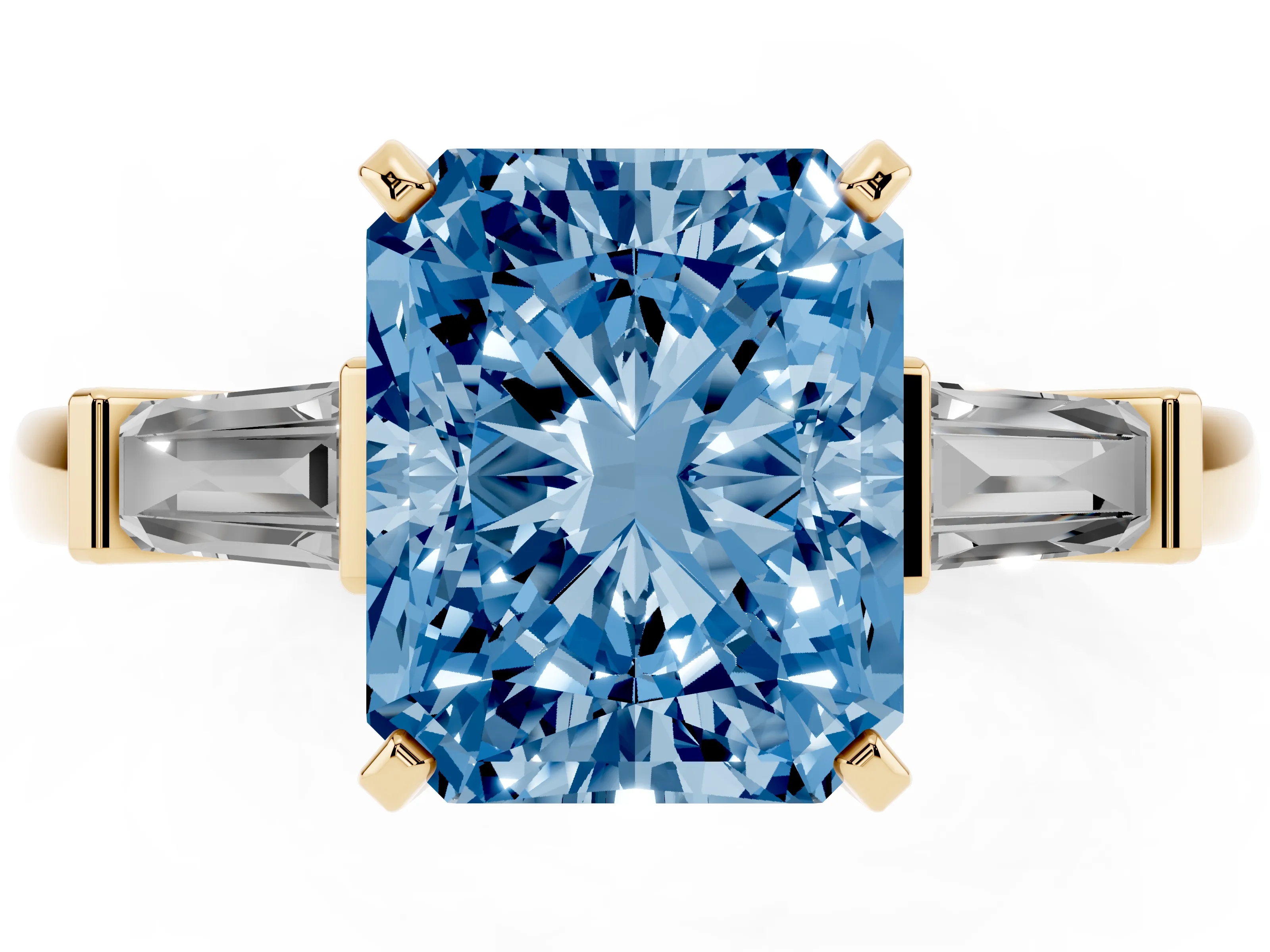 Fancy Blue Radiant Cut Diamond Solitaire Ring Set in Yellow gold with Tapered Baguette Accents and Prong Setting
