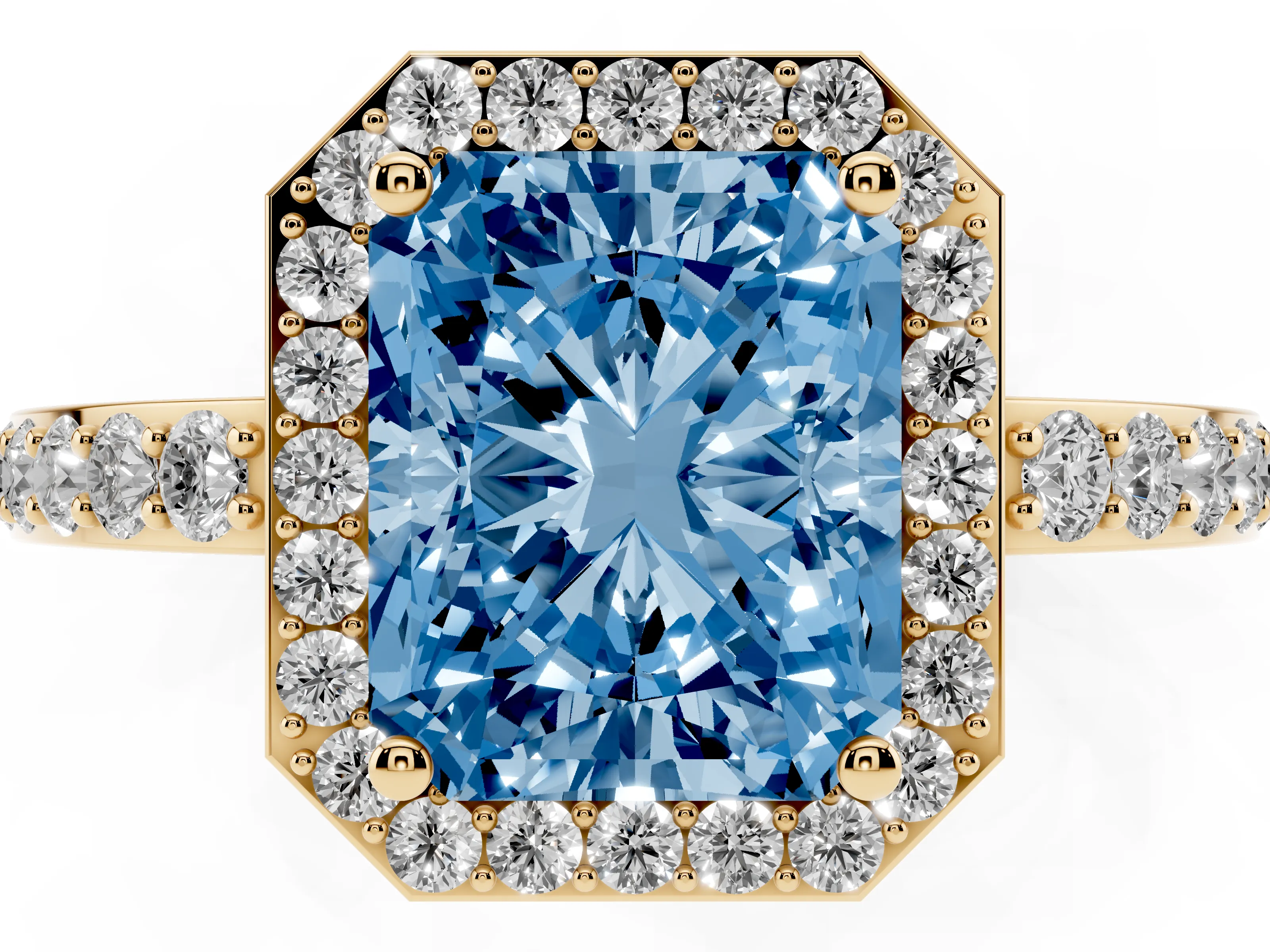 Fancy Blue Radiant Cut Diamond Halo Ring Set in Yellow gold with Pavé-Setting Band and Open Prong Center