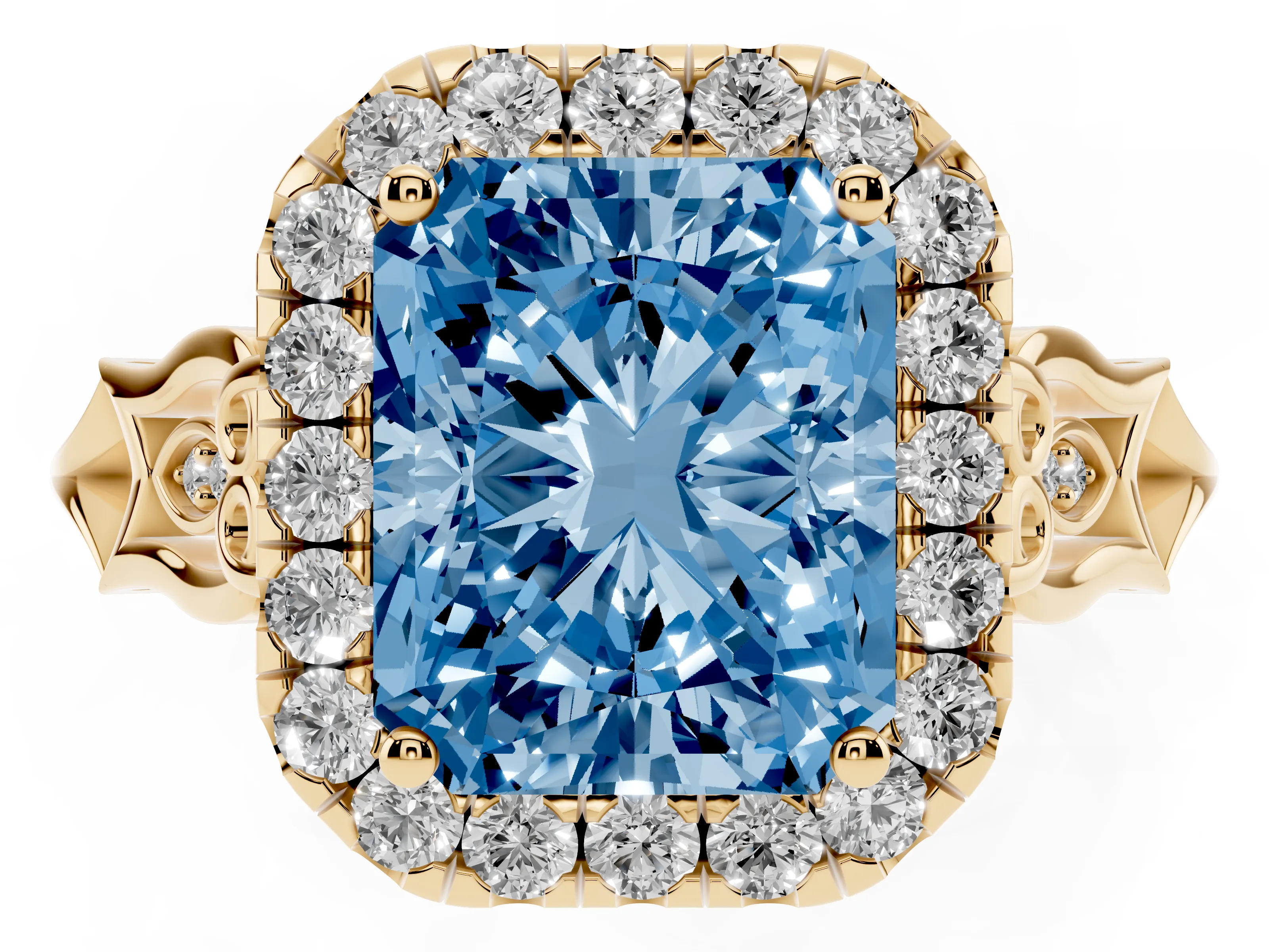 Fancy Blue Radiant Cut Diamond Halo Engagement Ring Set in Yellow gold with Filigree Band and Prong-Set Center