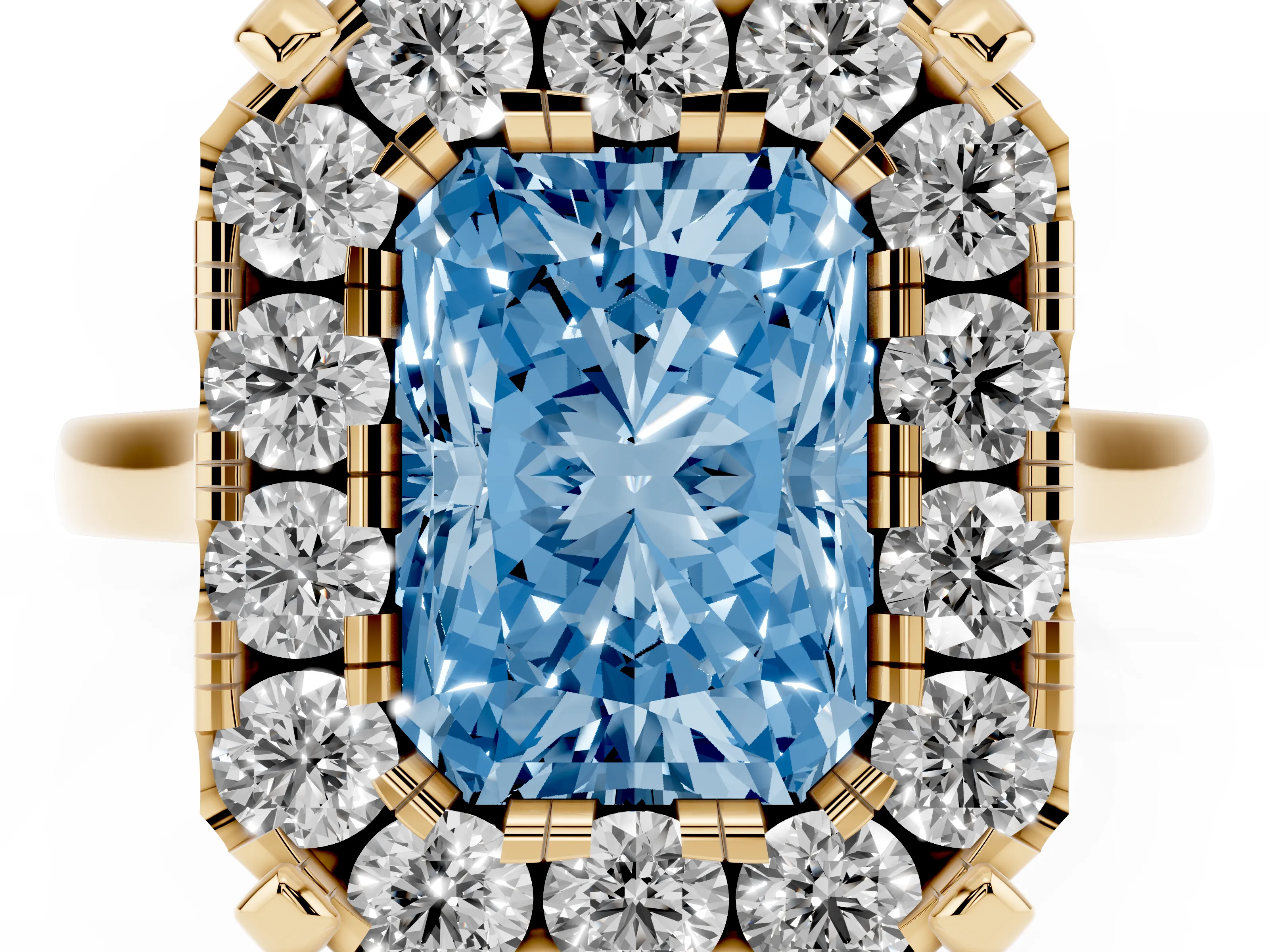 Fancy Blue Radiant Cut Diamond Cluster Halo Solitaire Ring Set in Yellow gold with Prong Setting