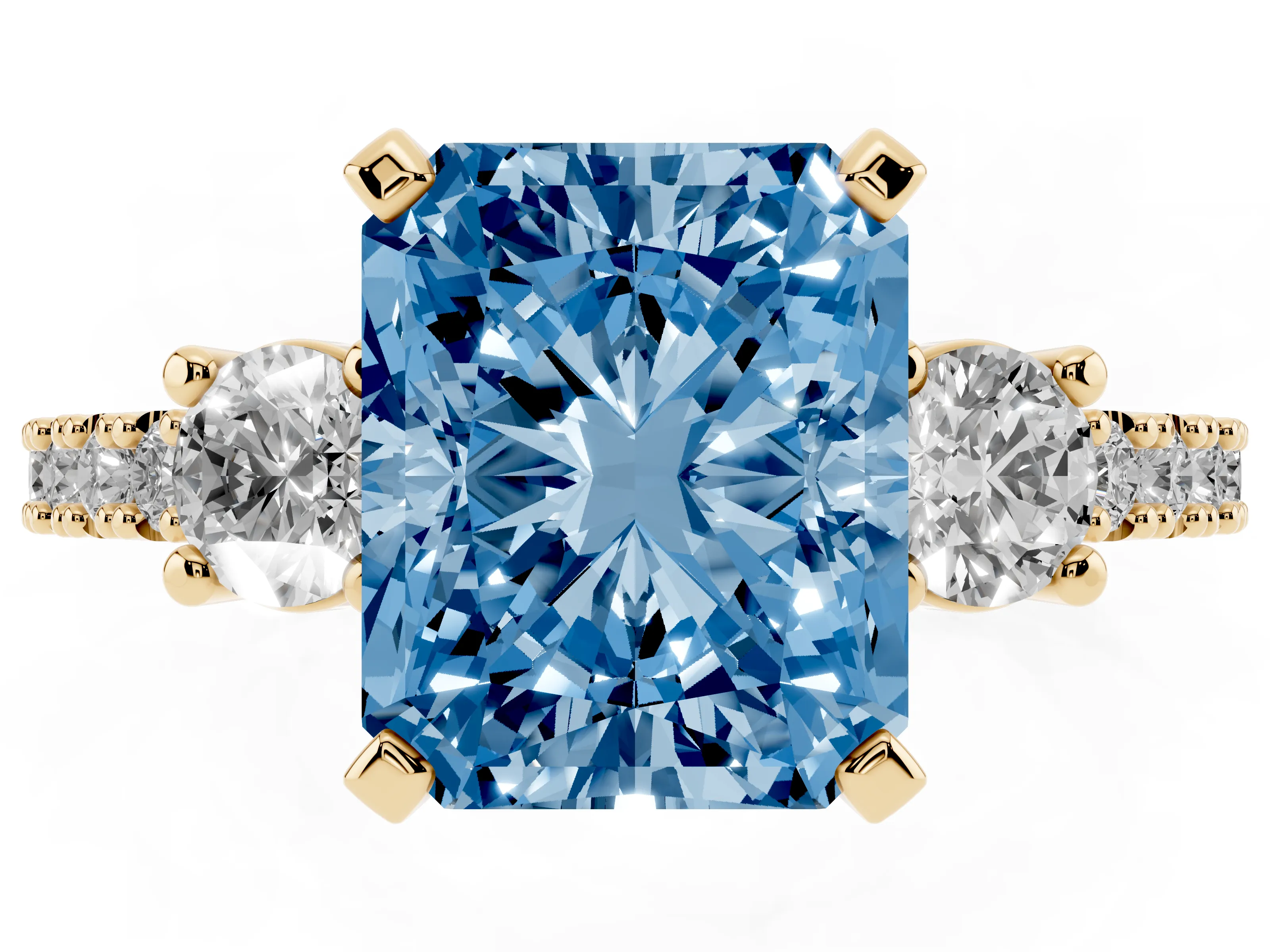Fancy Blue Three-Stone Radiant Cut Diamond Pavé Band Ring Set in Yellow gold with Prong Setting