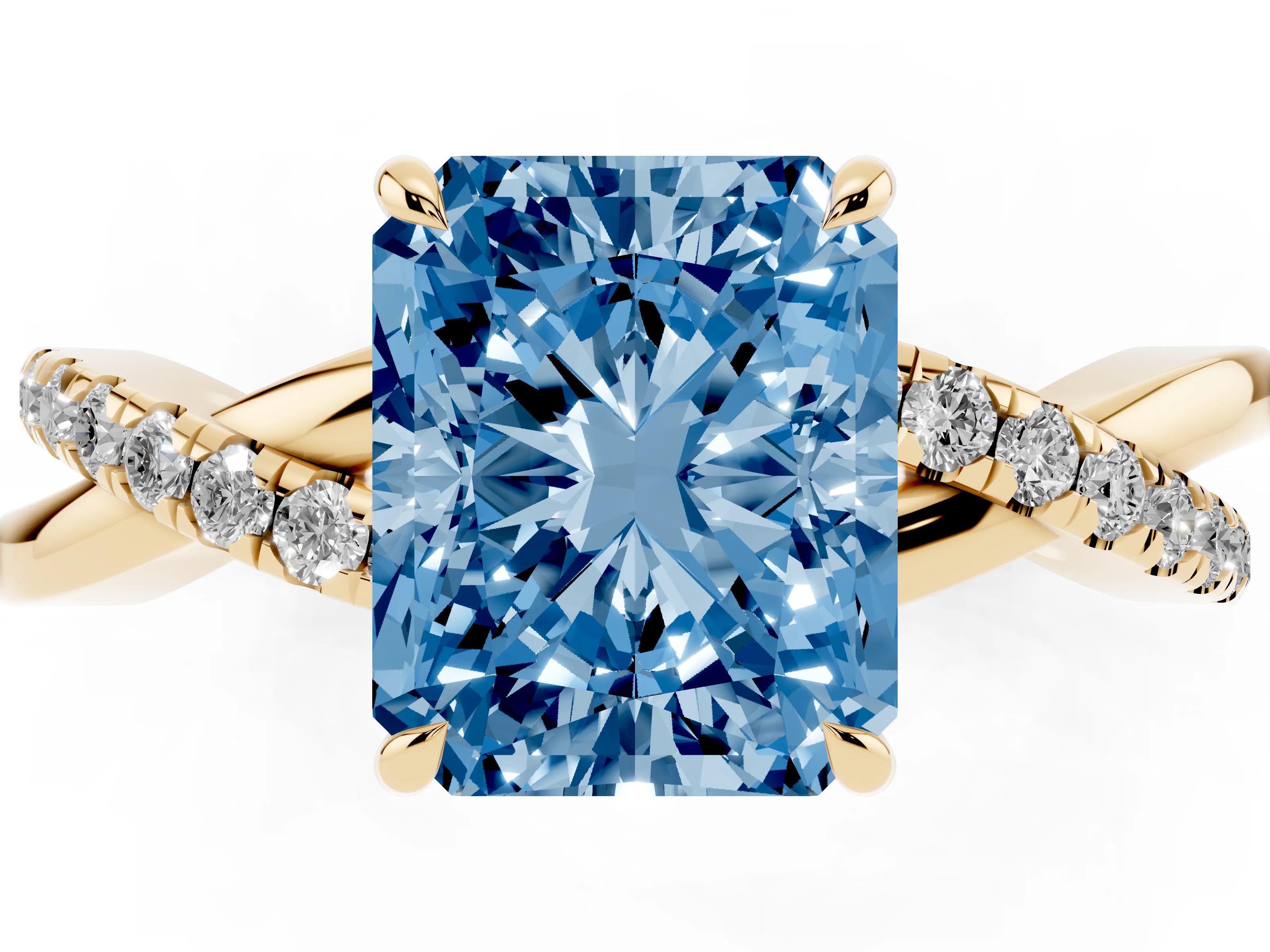 Fancy Blue Radiant Cut Diamond Twisted Pavé Band Ring Set in Yellow gold with Prong Setting