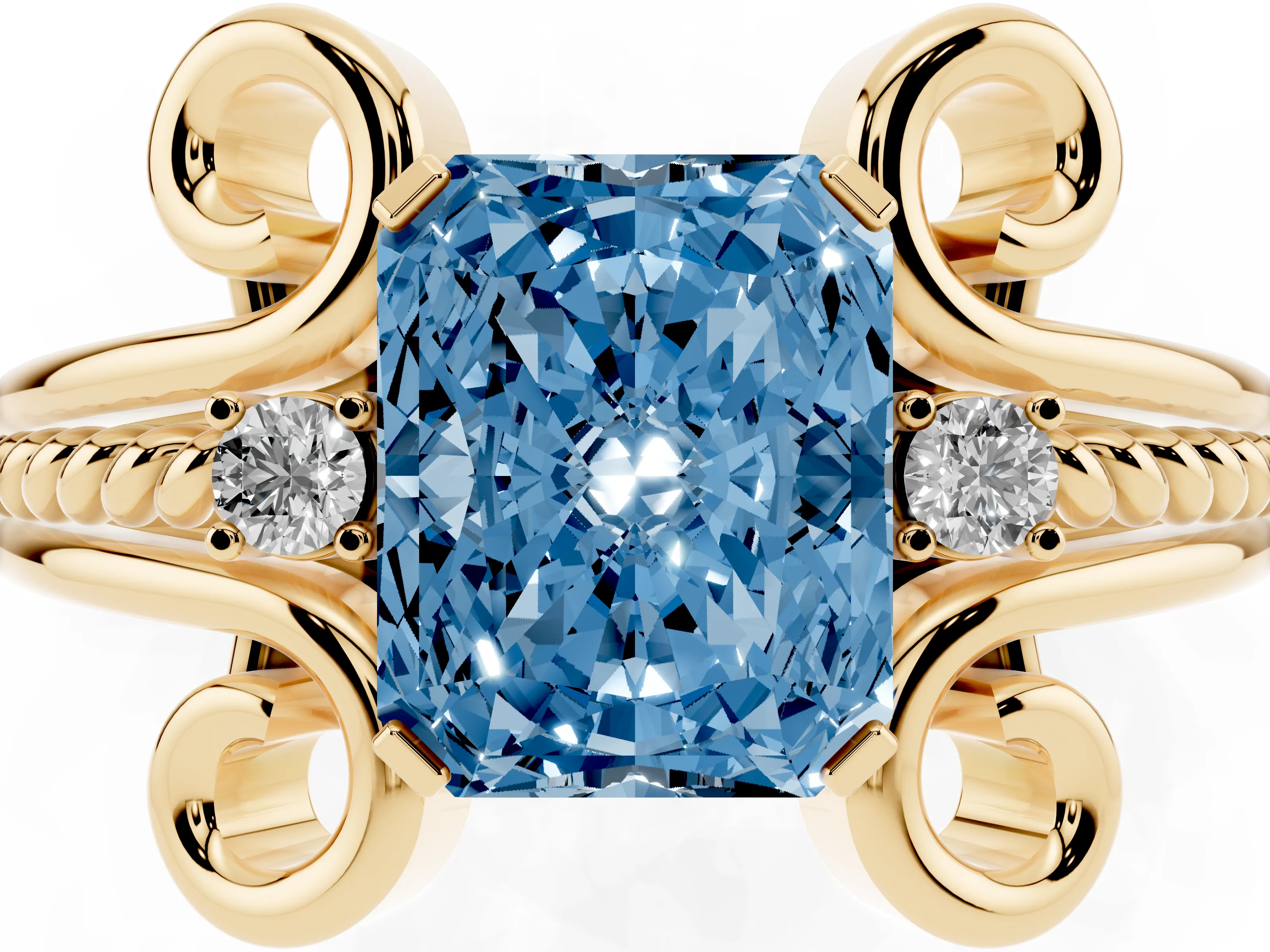Fancy Blue Radiant Cut Diamond Twisted Band Solitaire Ring Set in Yellow gold with Scroll Prongs
